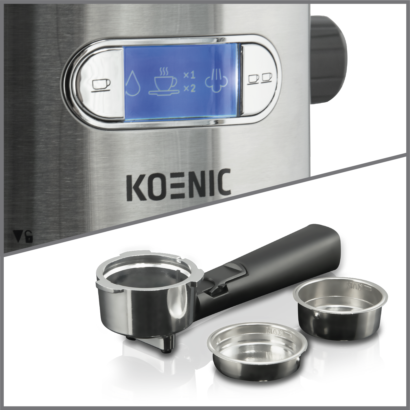 Ekspres do kawy z uchwytem filtra i koszykami, z wyświetlaczem.