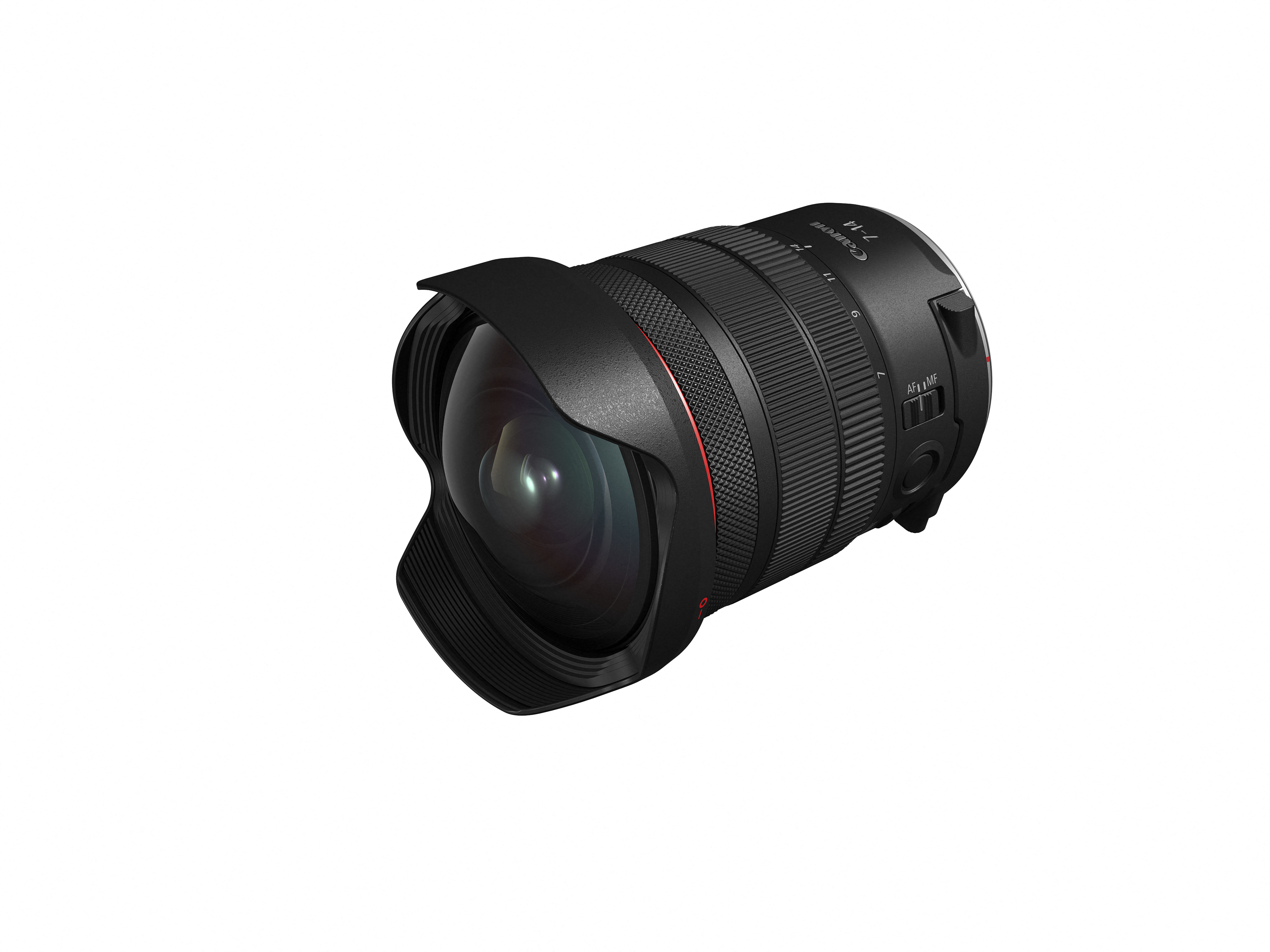 Schwarzes Canon Objektiv mit Sonnenblende und Fokusring.
