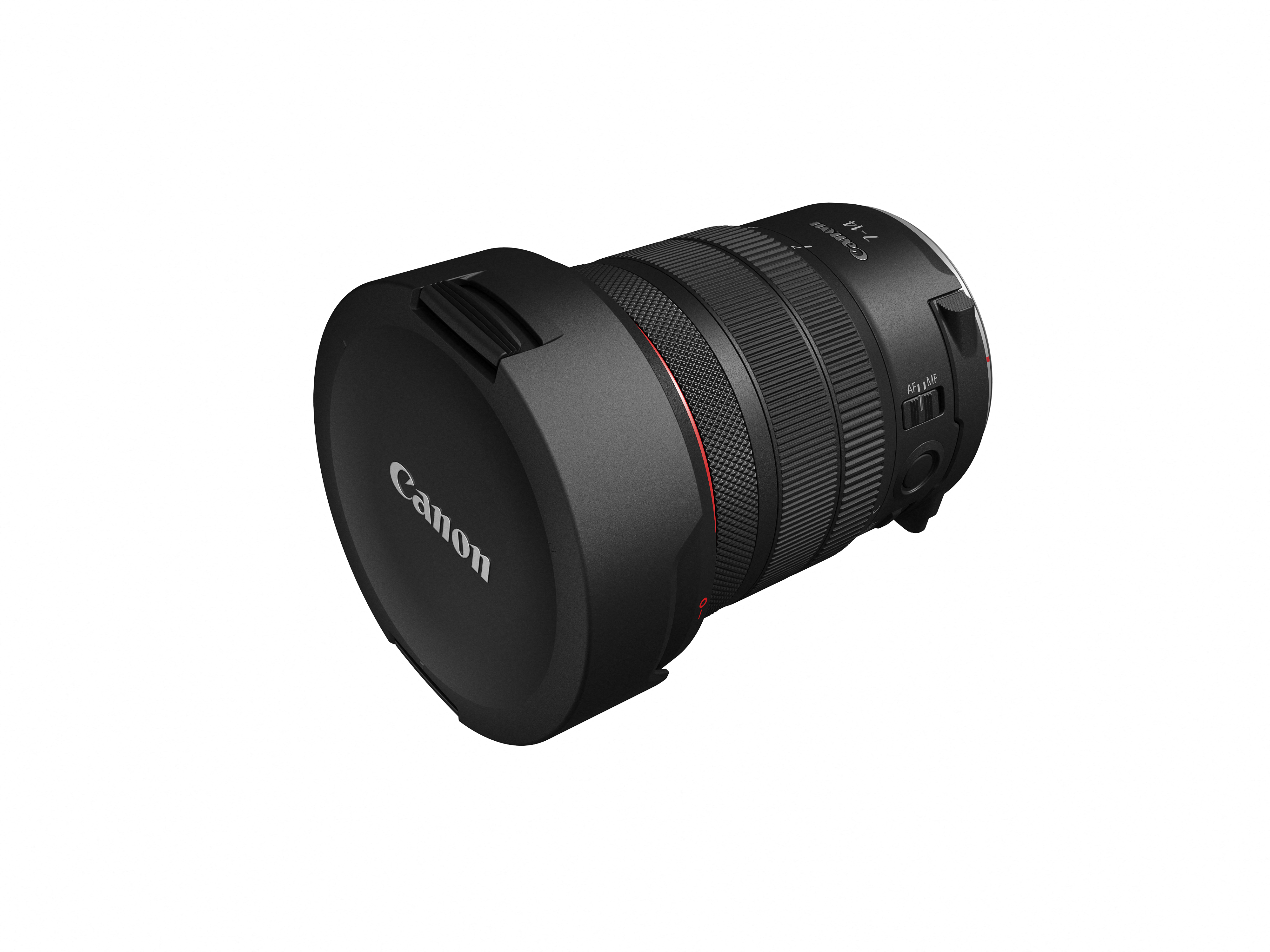 Schwarzes Canon RF 7-14mm Objektiv mit Objektivdeckel, isoliert auf Weiß.
