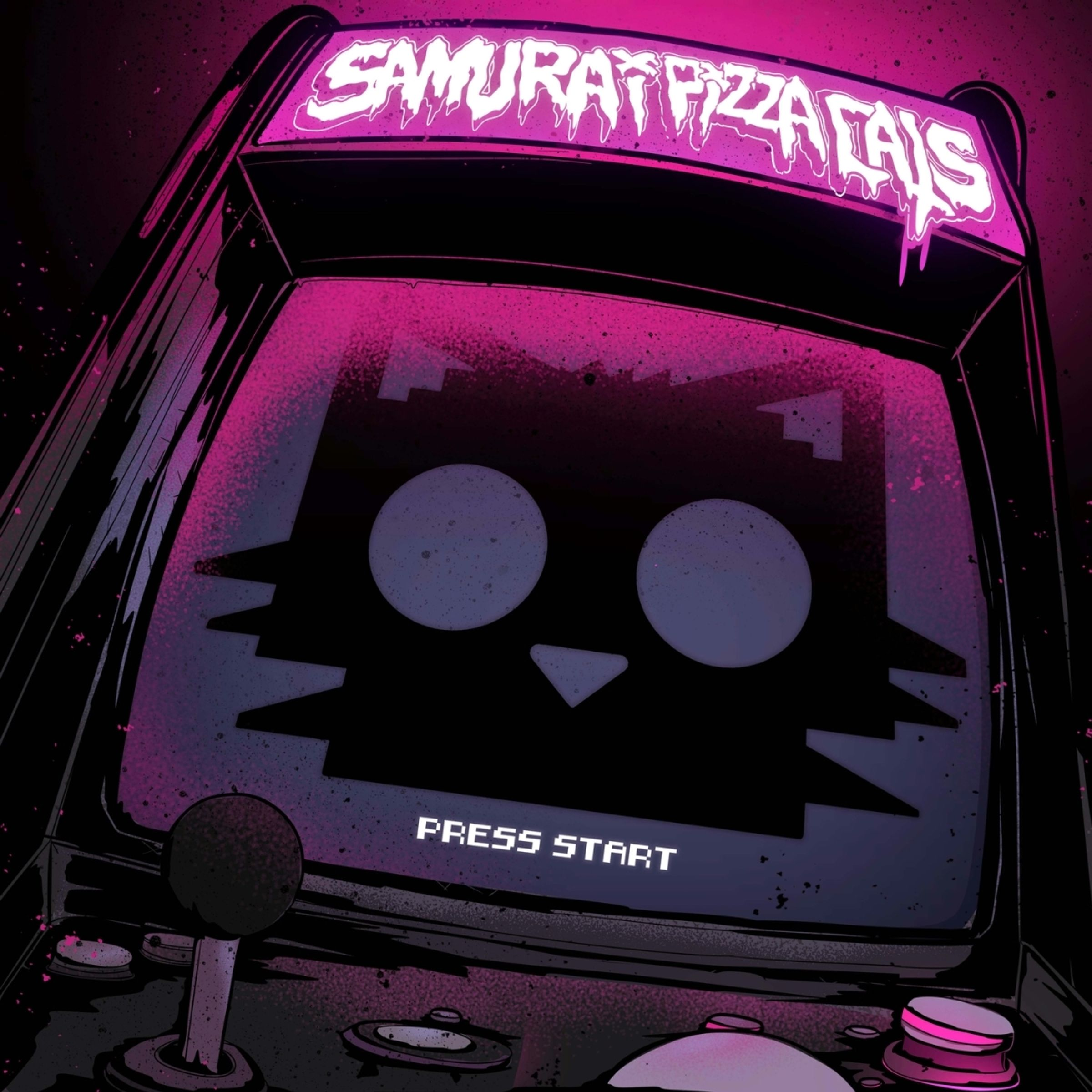 Egy játéktermi gép stilizált macskával és "SAMURAI PIZZA CATS" felirattal.