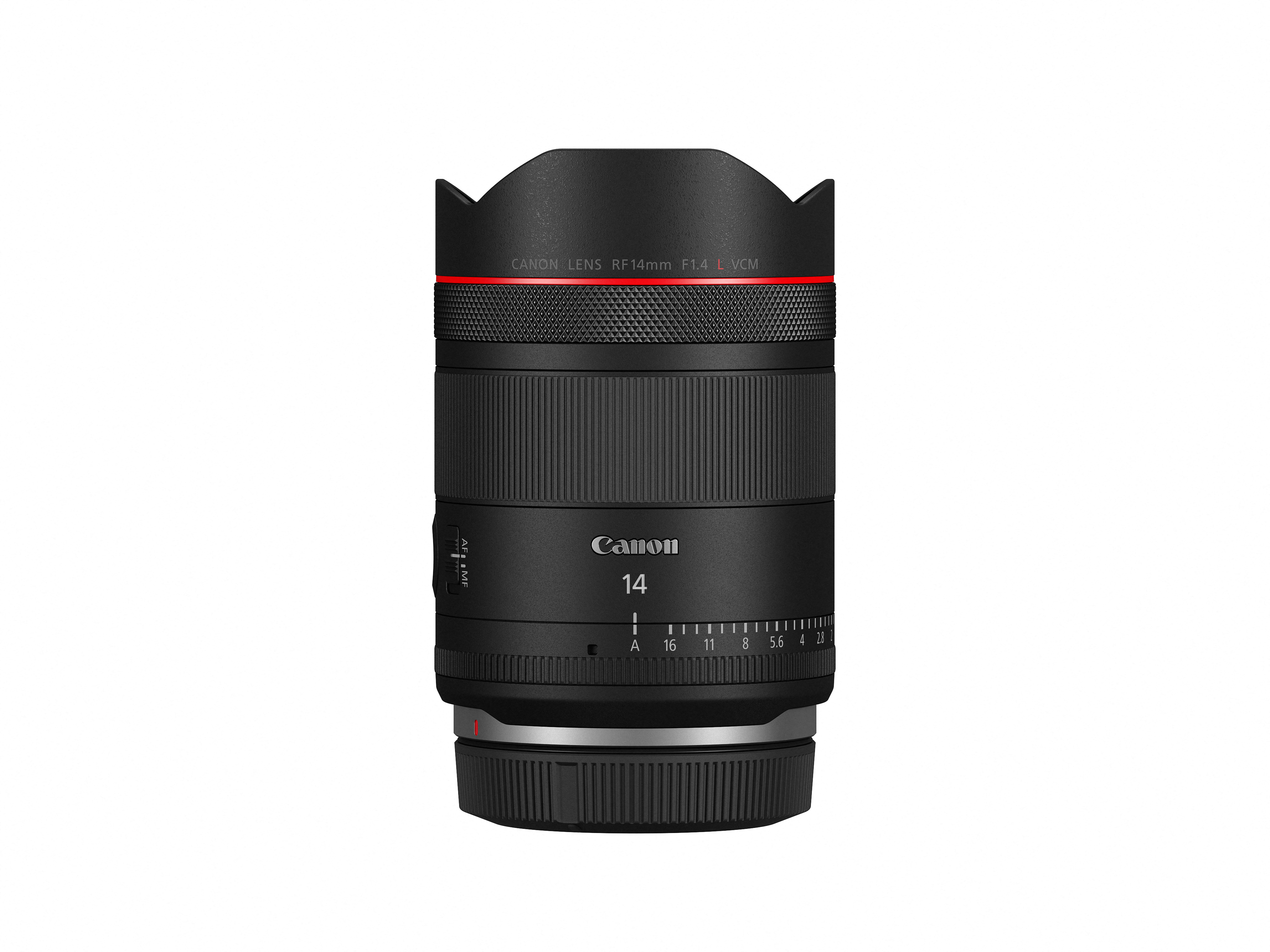 Schwarzes Canon RF 14mm F1.4 L Objektiv mit rotem Ring und Fokusskala.