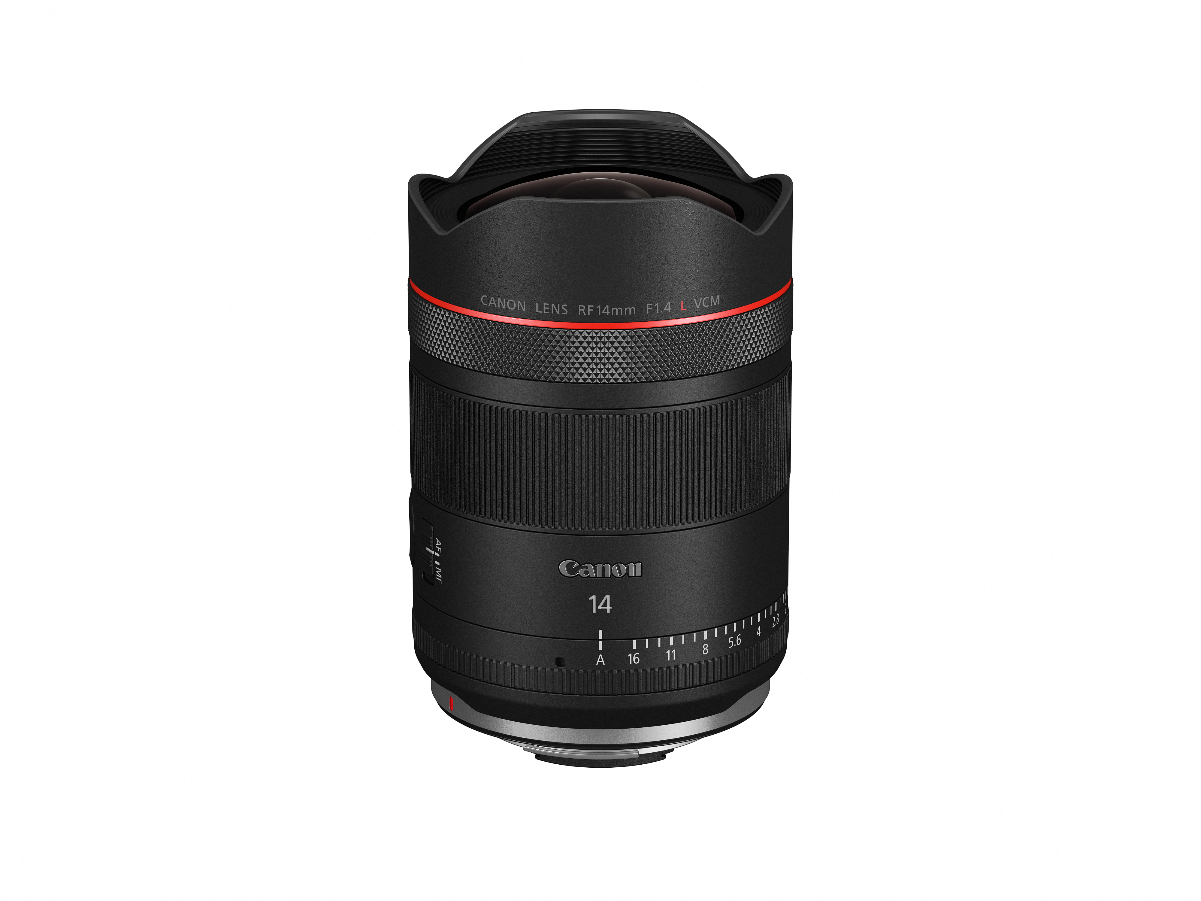 Ein schwarzes Canon RF 14mm F1.4 L VCM Objektiv mit rotem Ring und Blendenring.