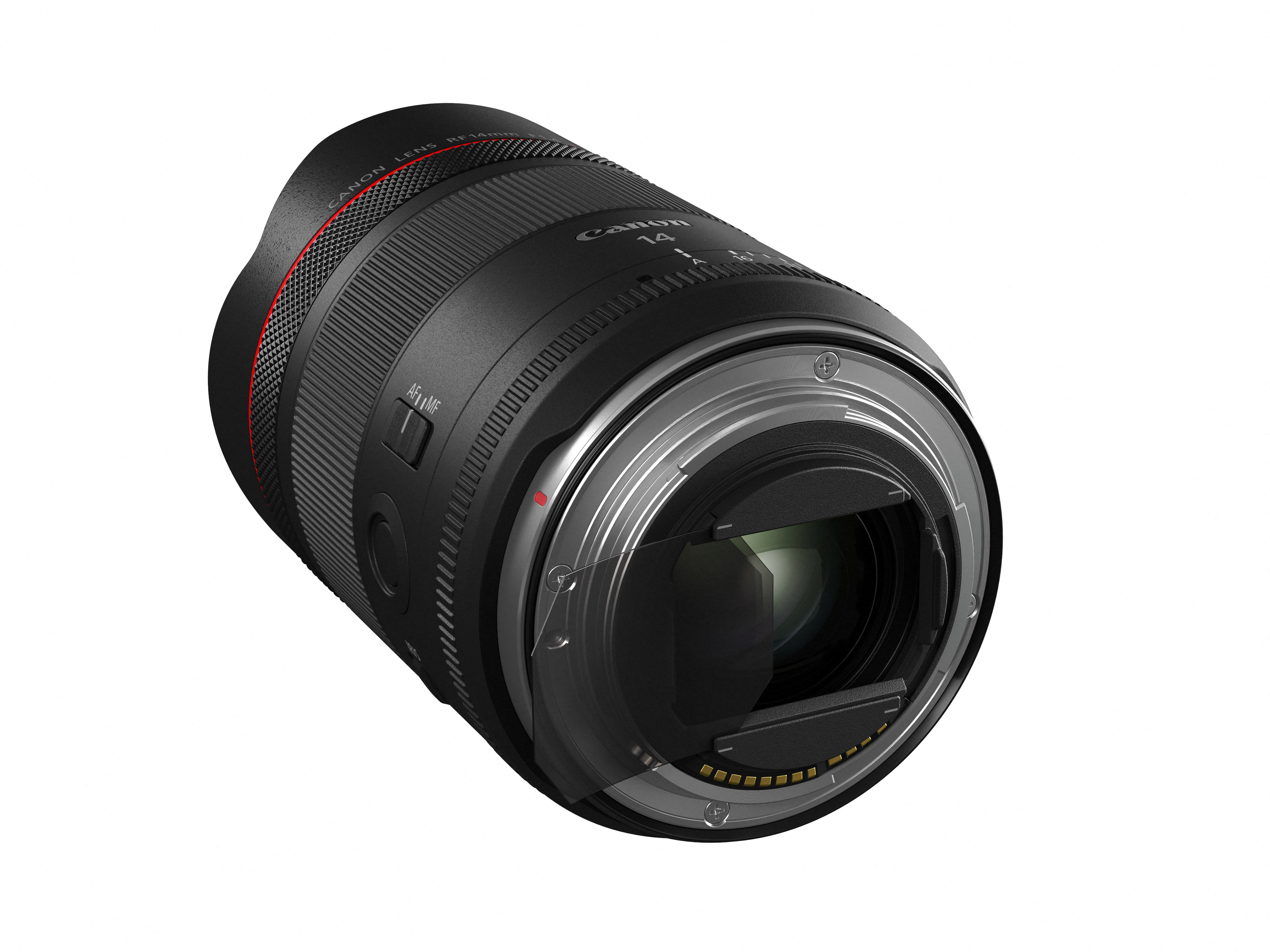 Schwarzes Canon RF 14mm Objektiv mit rotem Akzentring und silbernem Anschluss.