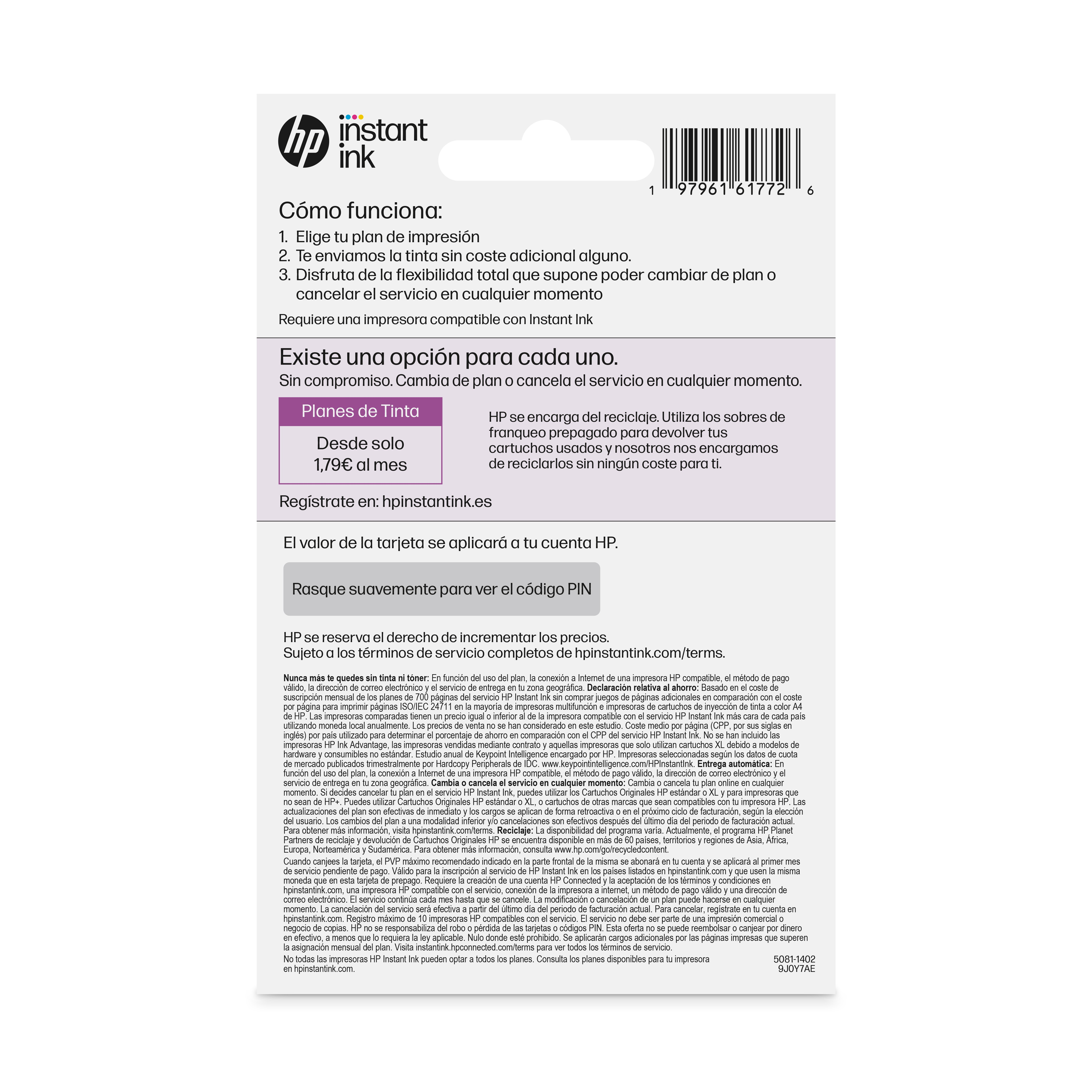 Anuncio de HP Instant Ink con código de barras e instrucciones de funcionamiento.