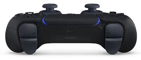 Czarny kontroler Sony z niebieskim podświetleniem, dwoma joystickami i przyciskami.