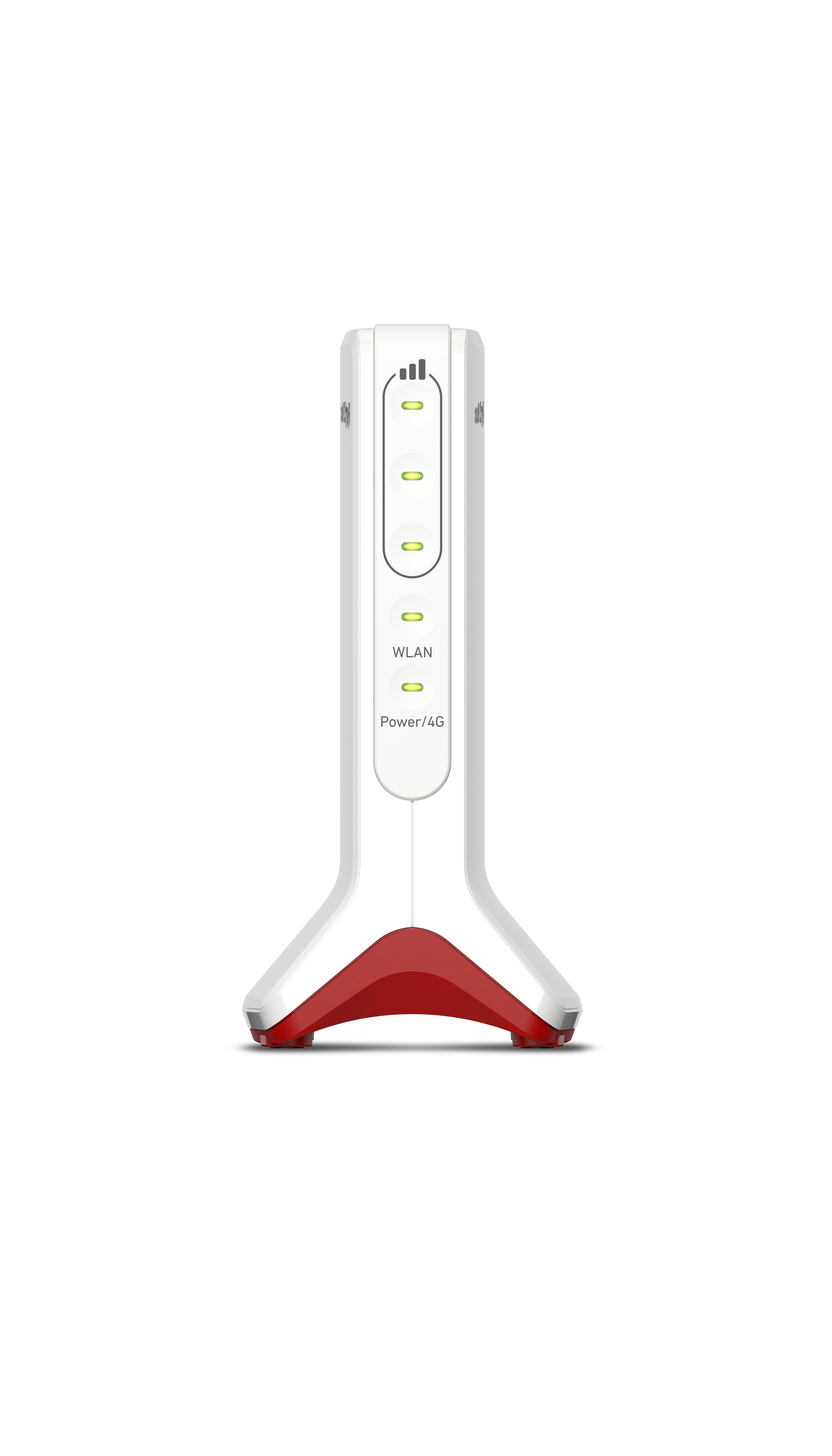 Ein weißer 4G-Router mit roten Akzenten und grünen LED-Anzeigen.