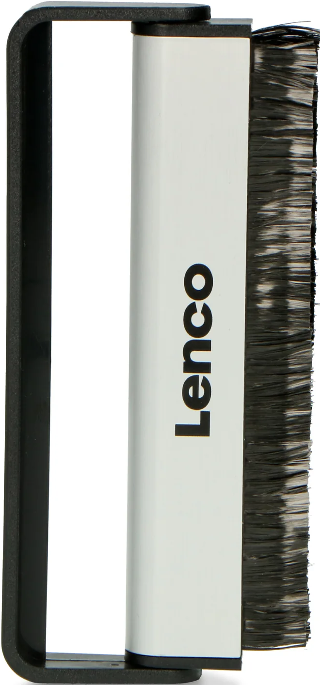 Ein schwarzer Griff mit weißem Körper und Lenco-Logo, daneben eine Bürste.