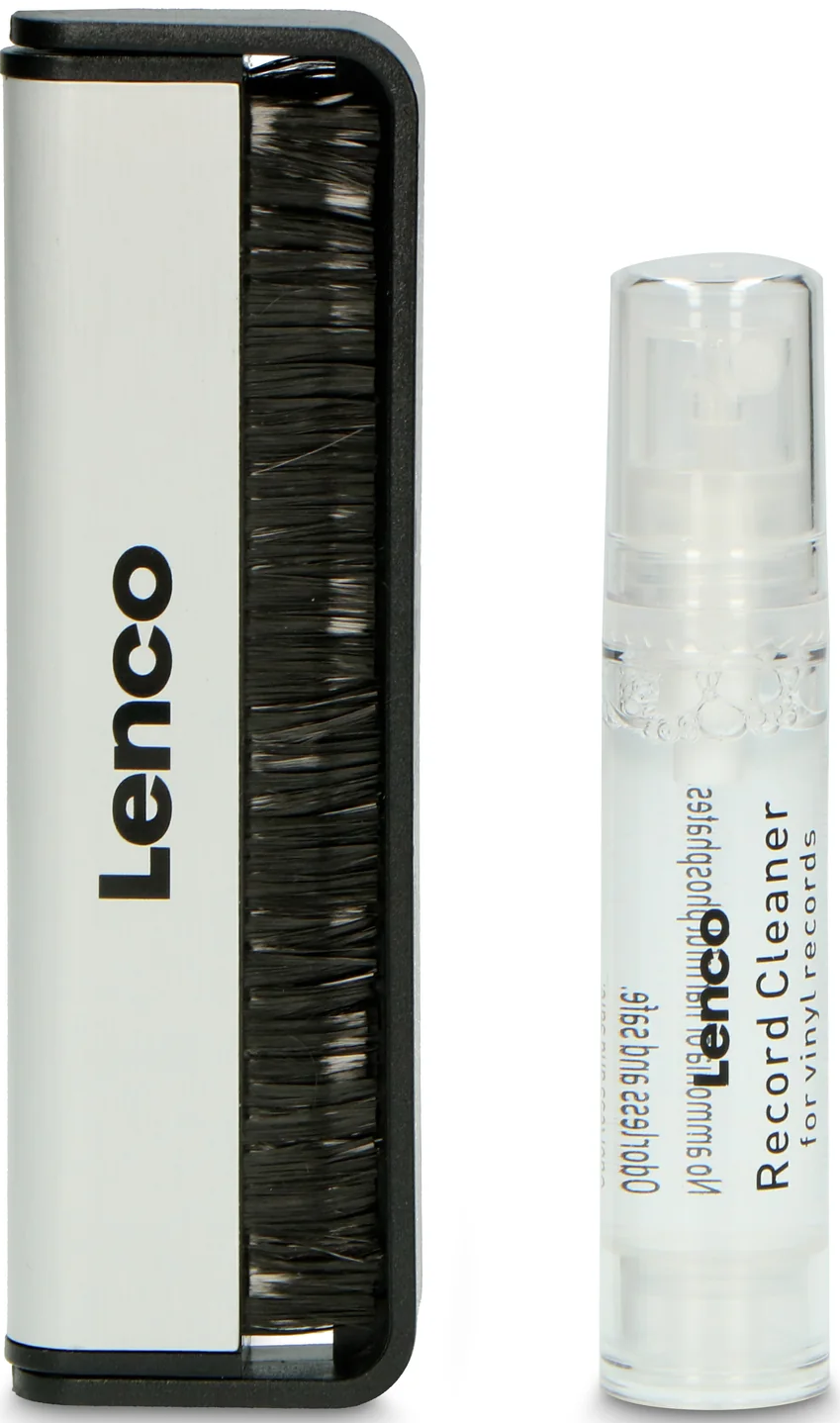 Ein Lenco Schallplattenreiniger-Set mit Bürste und Sprühflasche.