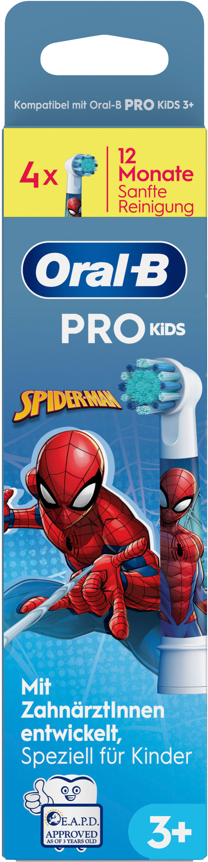 Têtes de brosse à dents Oral-B Pro Kids avec graphique Spiderman. Le paquet montre 4 têtes, 12 mois de nettoyage.