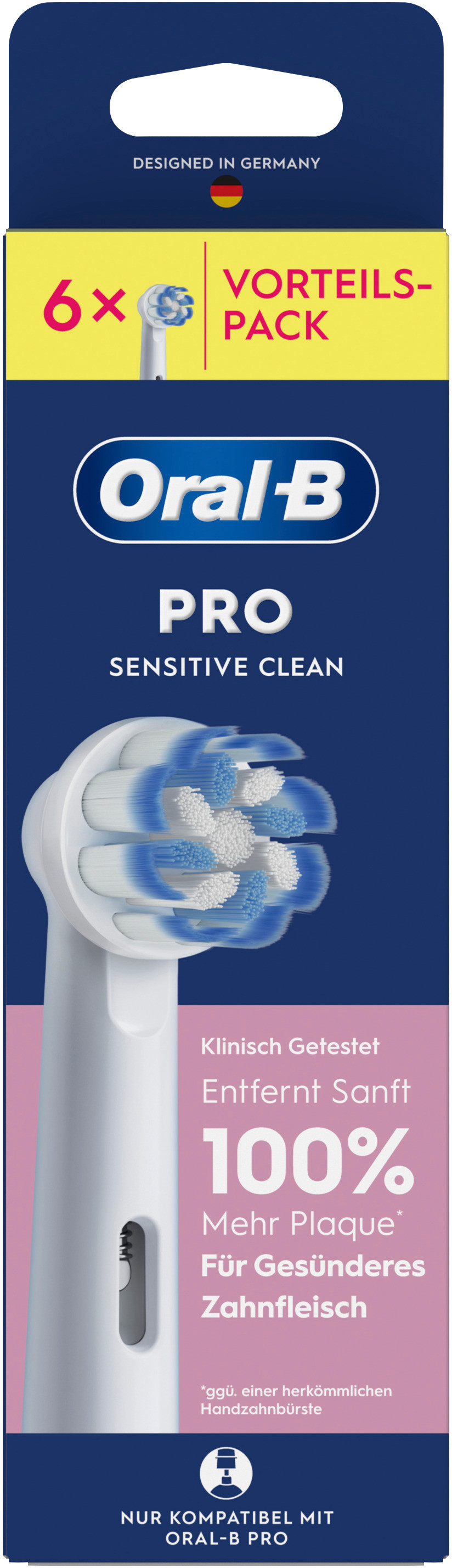 Oral-B Pro Sensitive Clean Zahnbürstenkopf-Packung mit 6 Stück, blau und weiß.