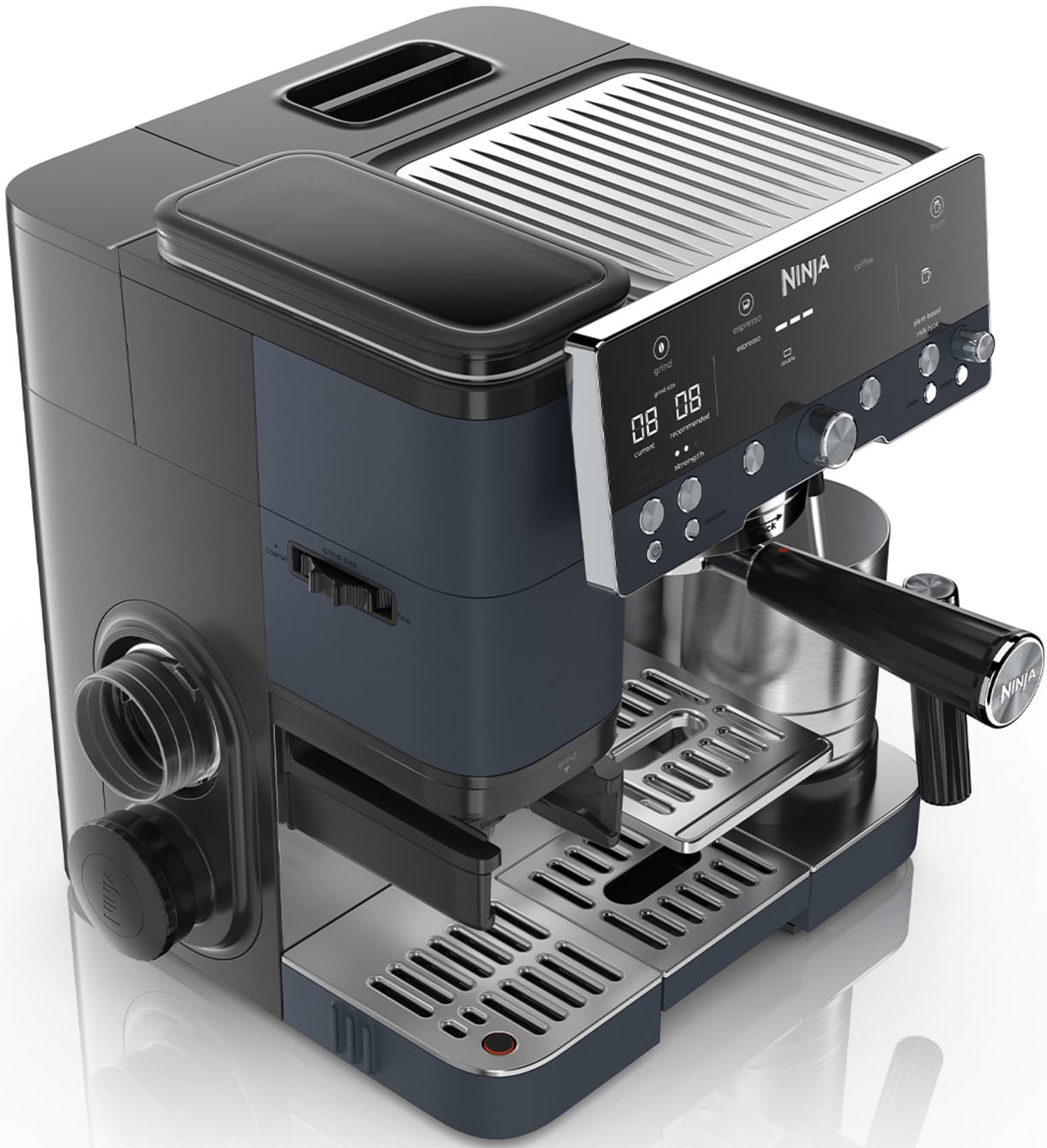 Una macchina da caffè Ninja nera e blu con accenti argentati e display digitale.