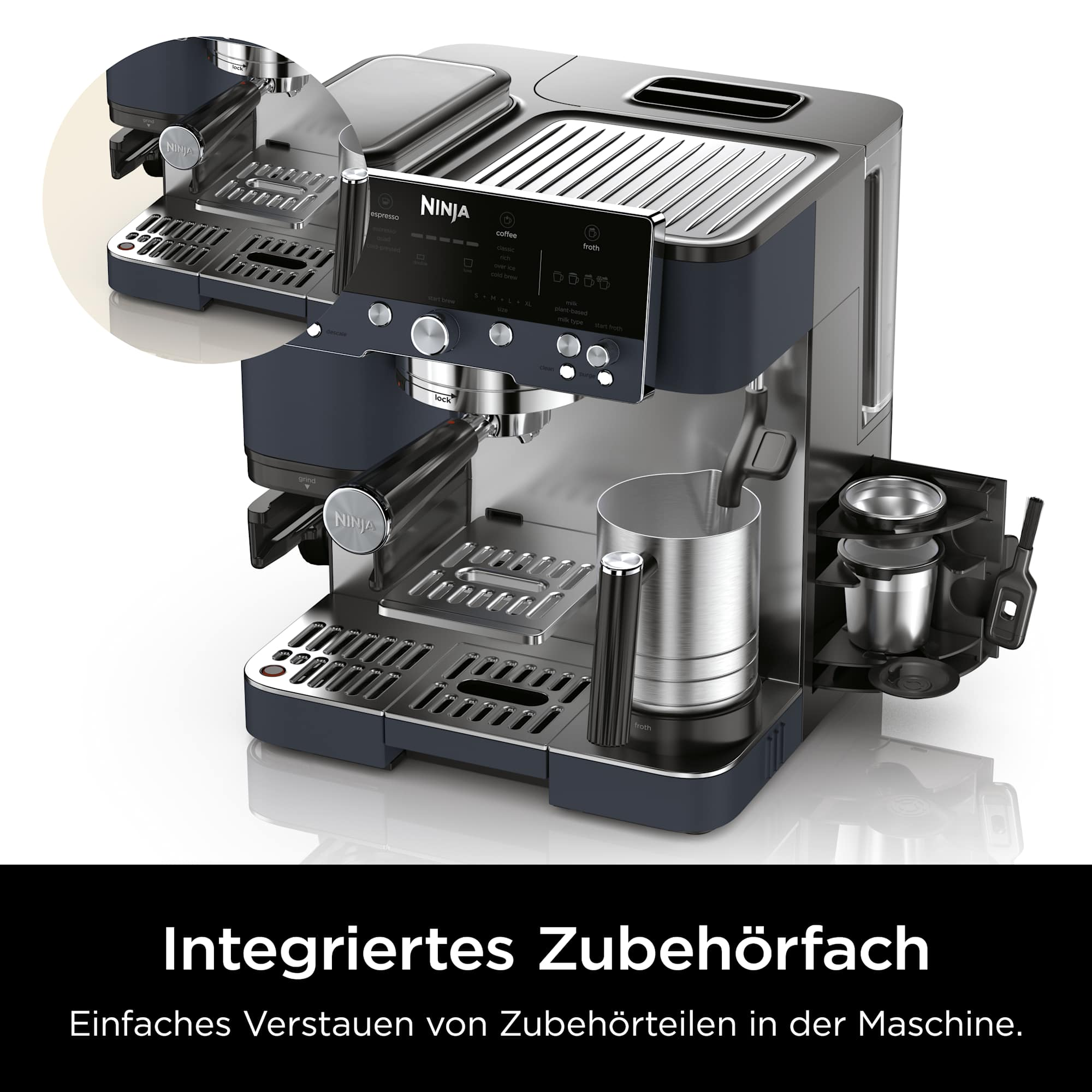 Una macchina da caffè Ninja con vano porta accessori integrato.