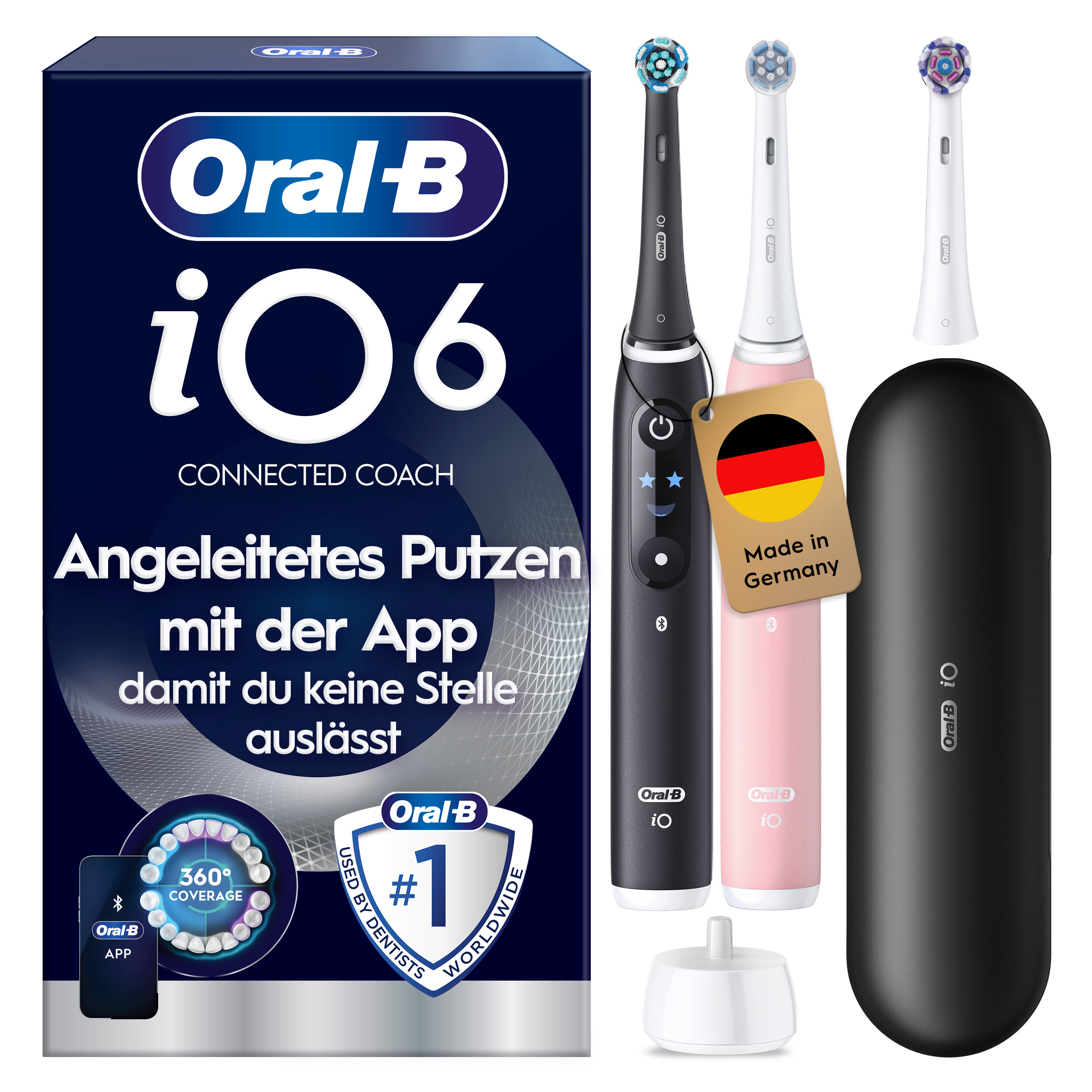 Oral-B iO6 Zahnbürste in Schwarz und Rosa mit Ladestation und Reiseetui. Made in Germany.