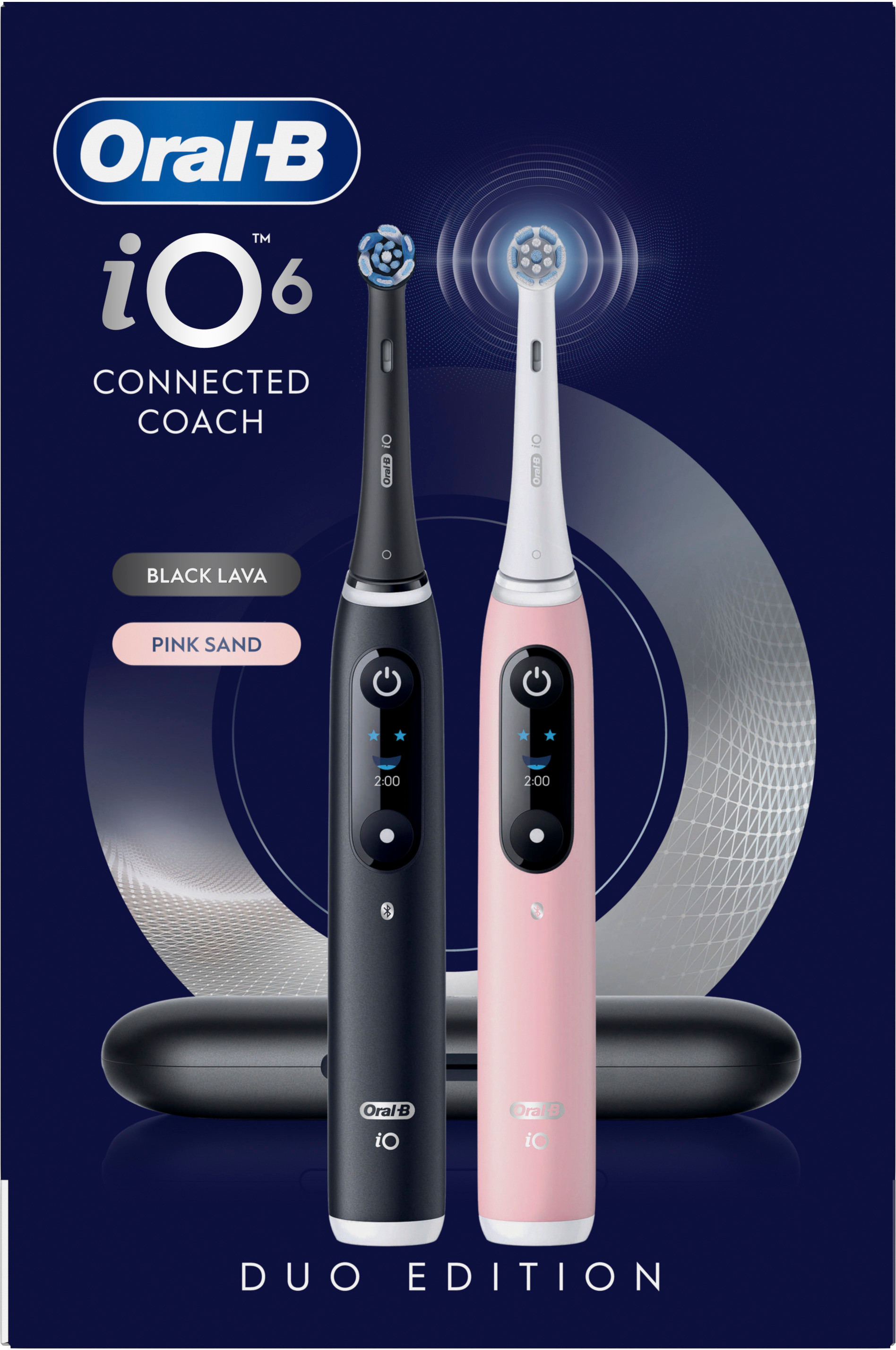 Zwei Oral-B iO elektrische Zahnbürsten, schwarz und pink, mit Ladestation.