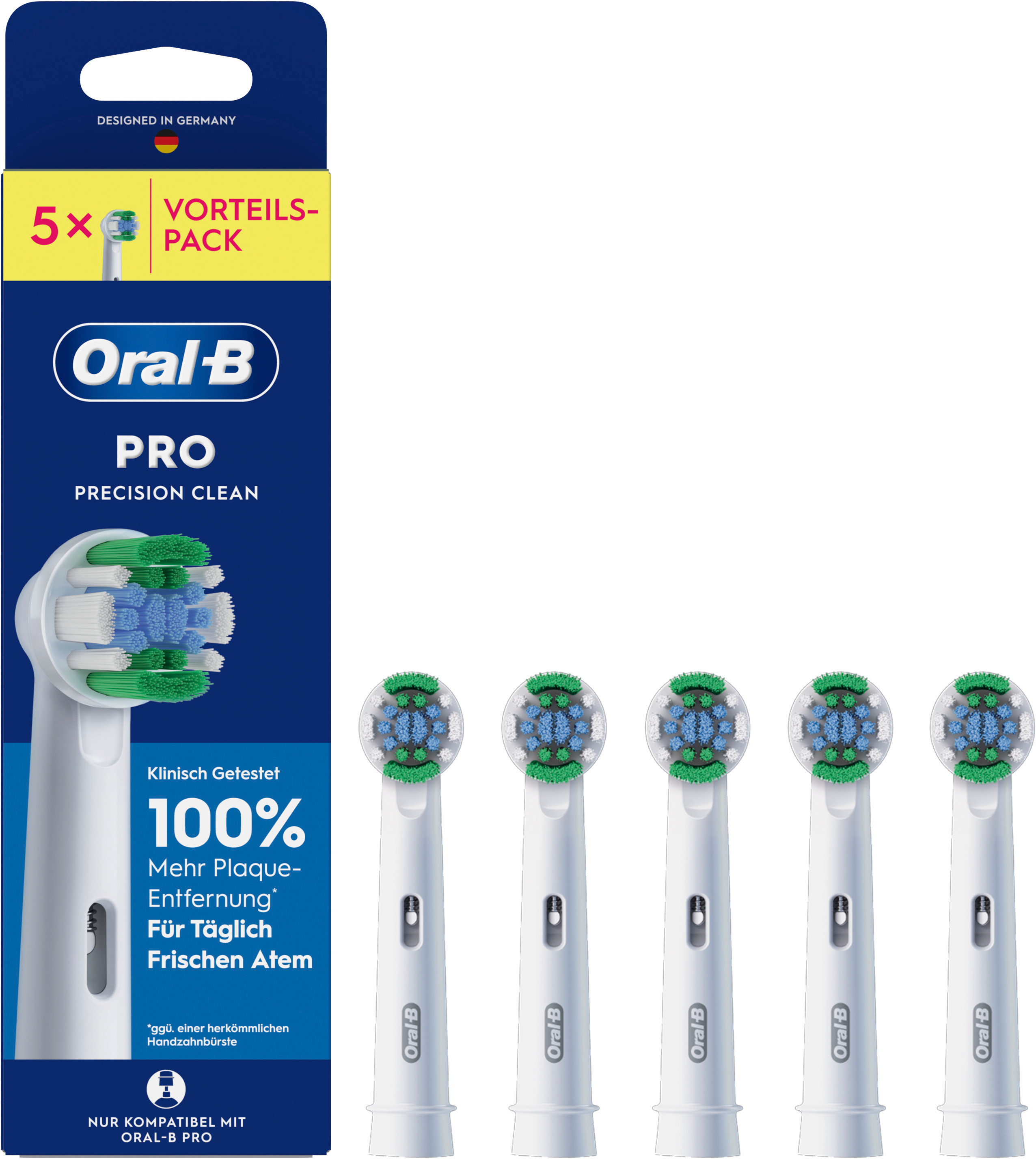 Verpackung mit 5 Oral-B Pro Precision Clean Aufsteckbürsten. Blau und grün.