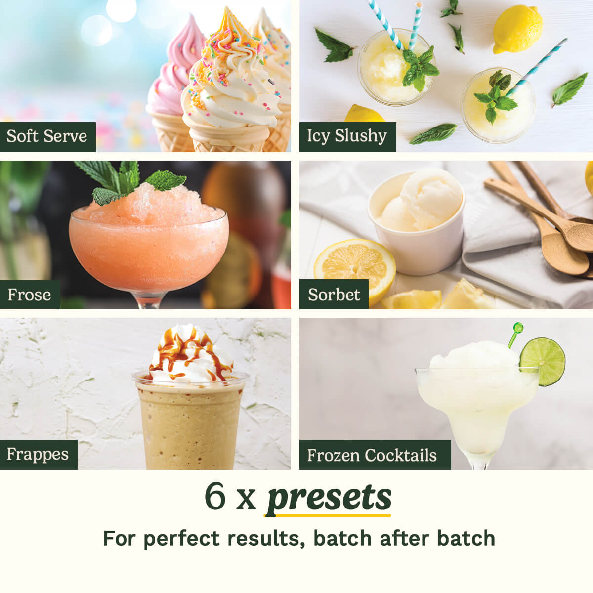 Sechs Eissorten: Softeis, Slushies, Frosé, Sorbet, Frappés, gefrorene Cocktails.