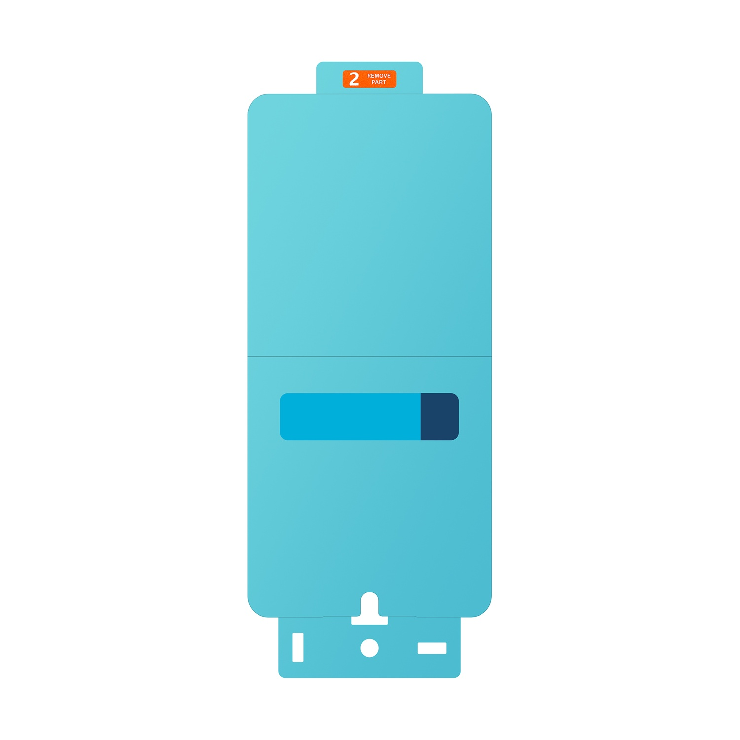 Un cartoncino azzurro con adesivo arancione '2 REMOVE PART'.