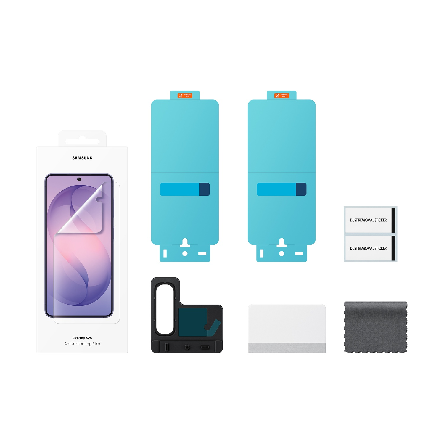 Kit di pellicole protettive per schermo Samsung Galaxy S26 con accessori.