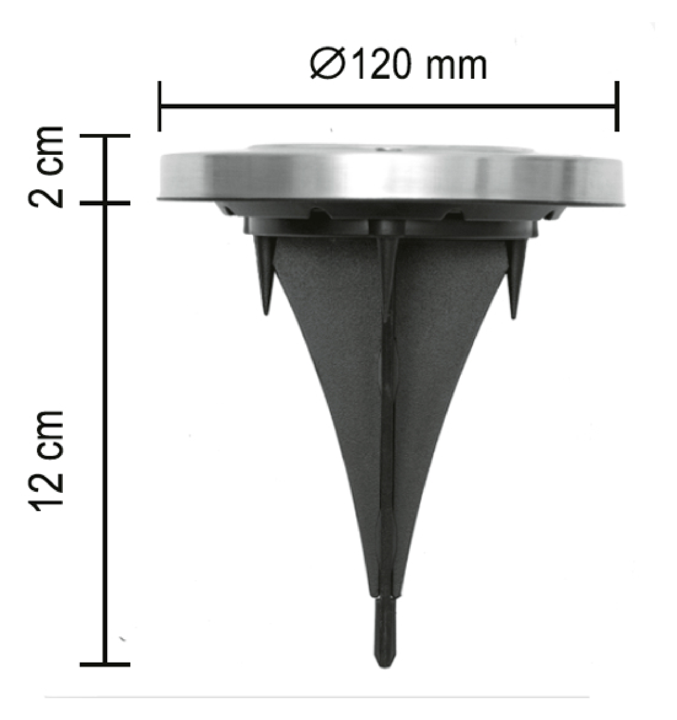 Földbe süllyeszthető lámpa, 120 mm átmérő, 12 cm magasság.