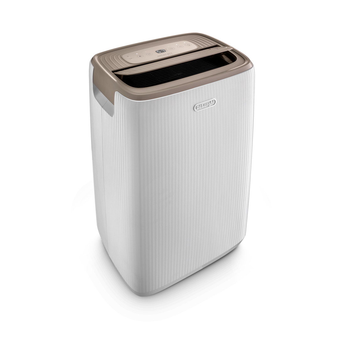 Ein weißer DeLonghi Luftentfeuchter mit braunen Akzenten und Bedienelementen oben.