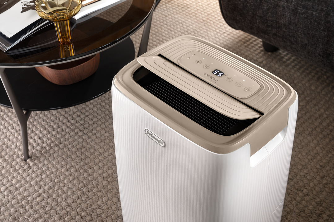 Ein weißer DeLonghi Luftentfeuchter mit beige'farbener Oberseite auf einem Teppich.
