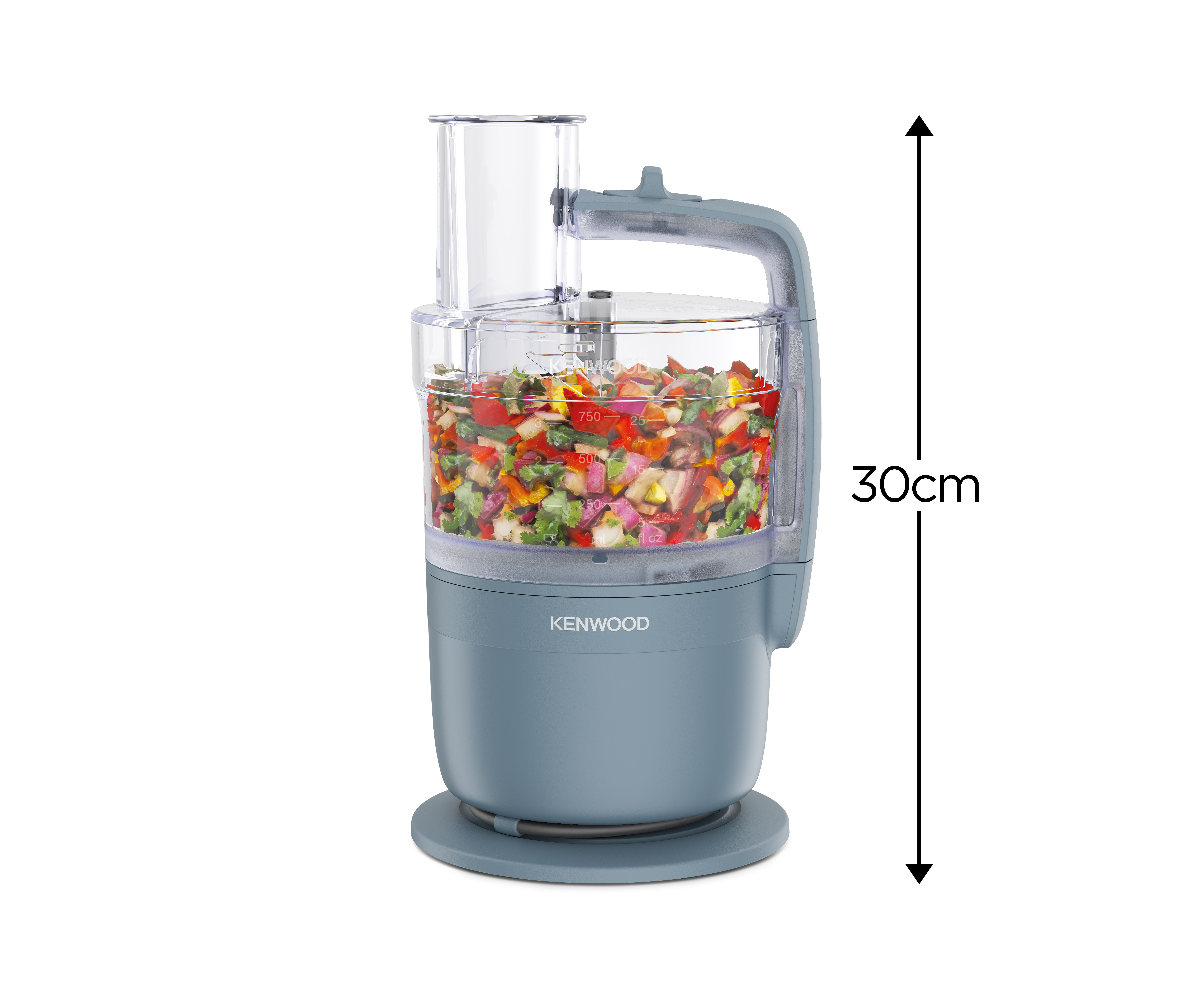 Grauer Kenwood Food Processor mit gehacktem Gemüse, 30cm hoch.