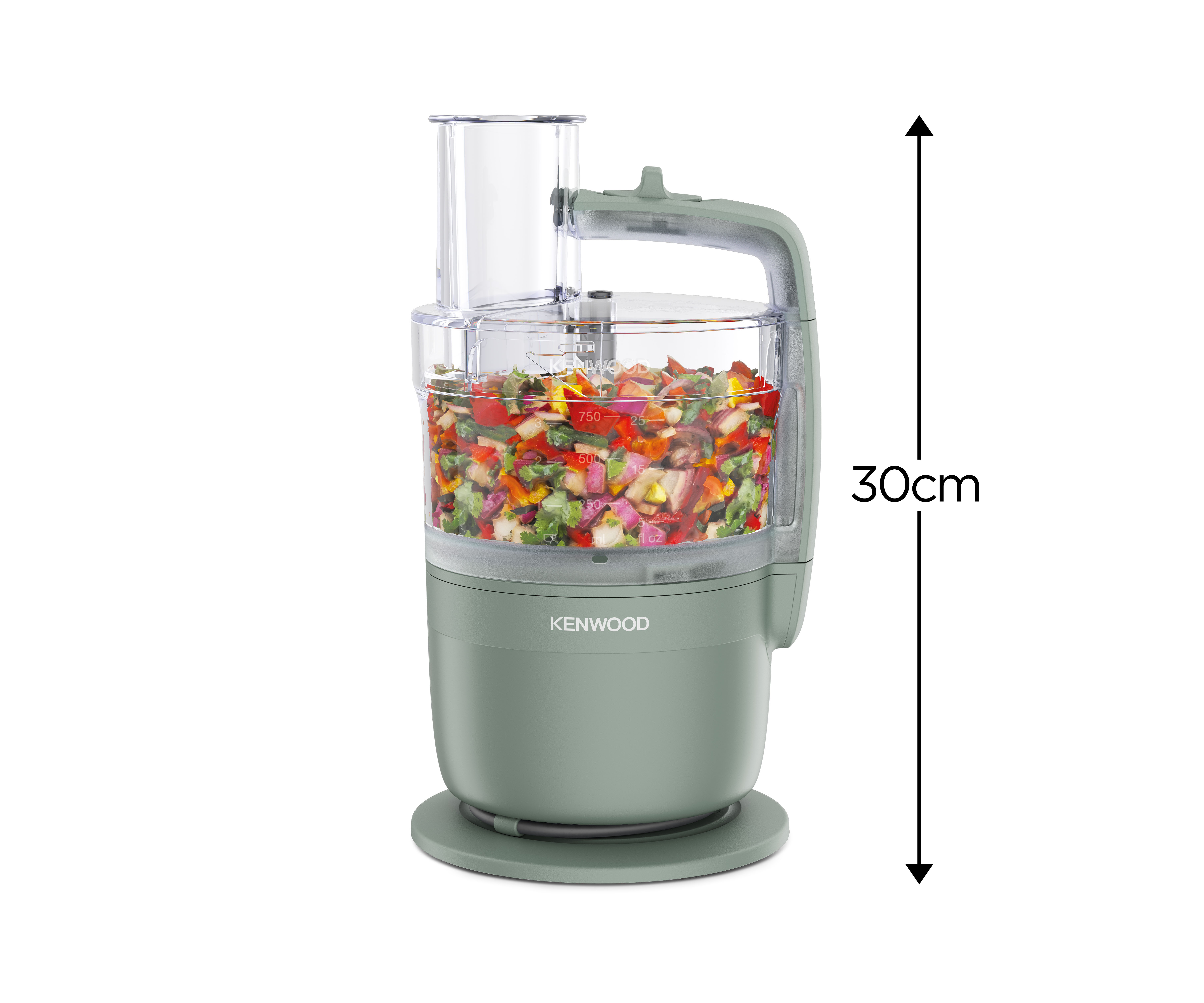 Ein Küchenmaschinenaufsatz mit gehacktem Gemüse und einer Höhenangabe von 30 cm.