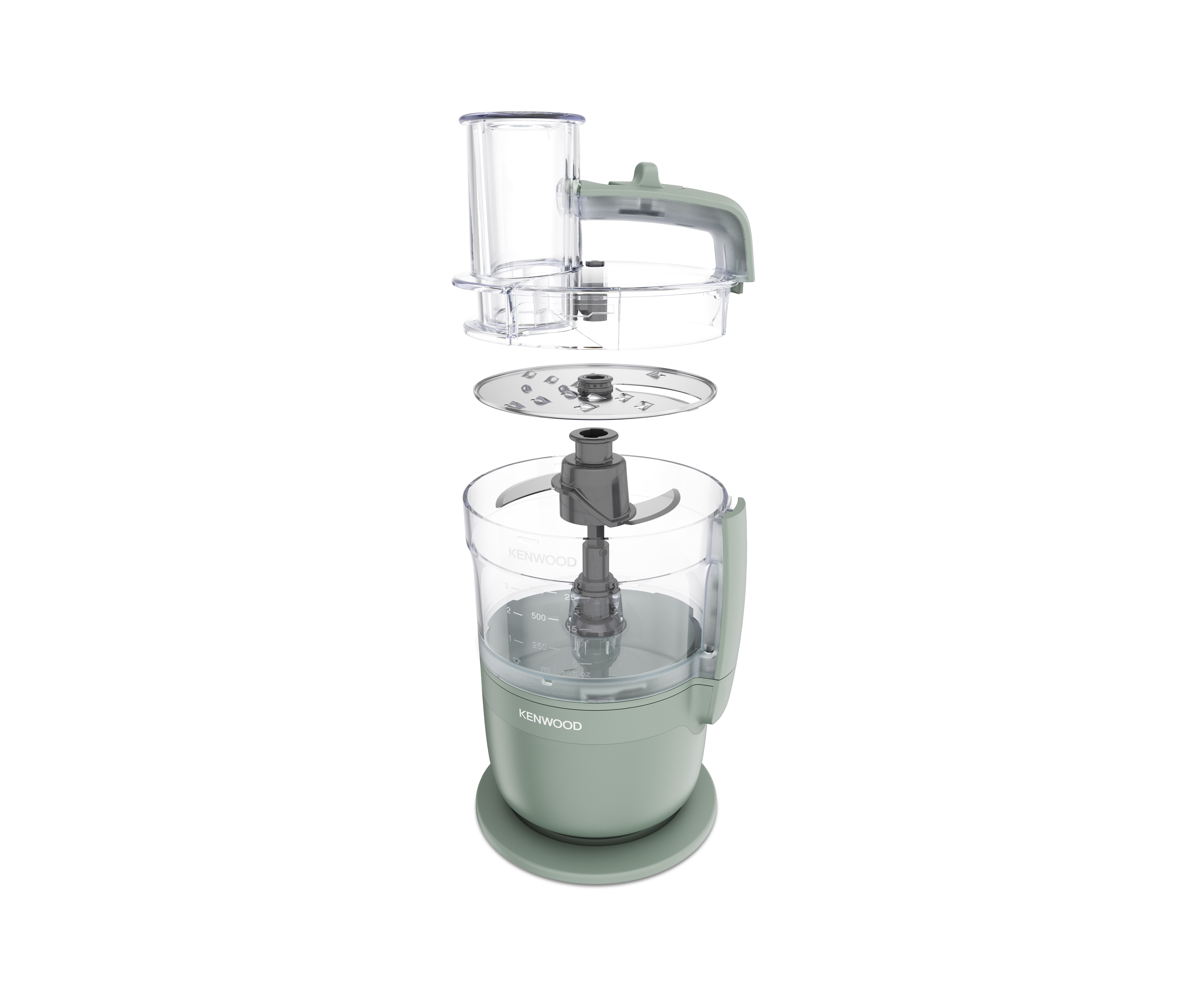 Ein zerlegter grüner Kenwood Food Processor mit Schüssel, Klinge und Deckel.