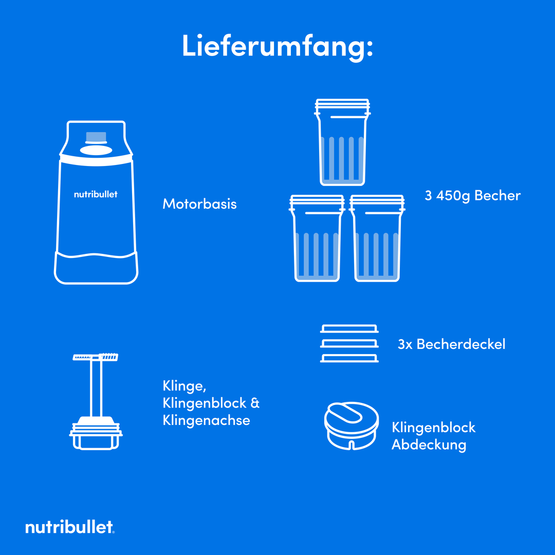 Illustration von Nutribullet-Zubehör: Motor, 3 Becher, 3 Deckel, Klinge und Abdeckung.