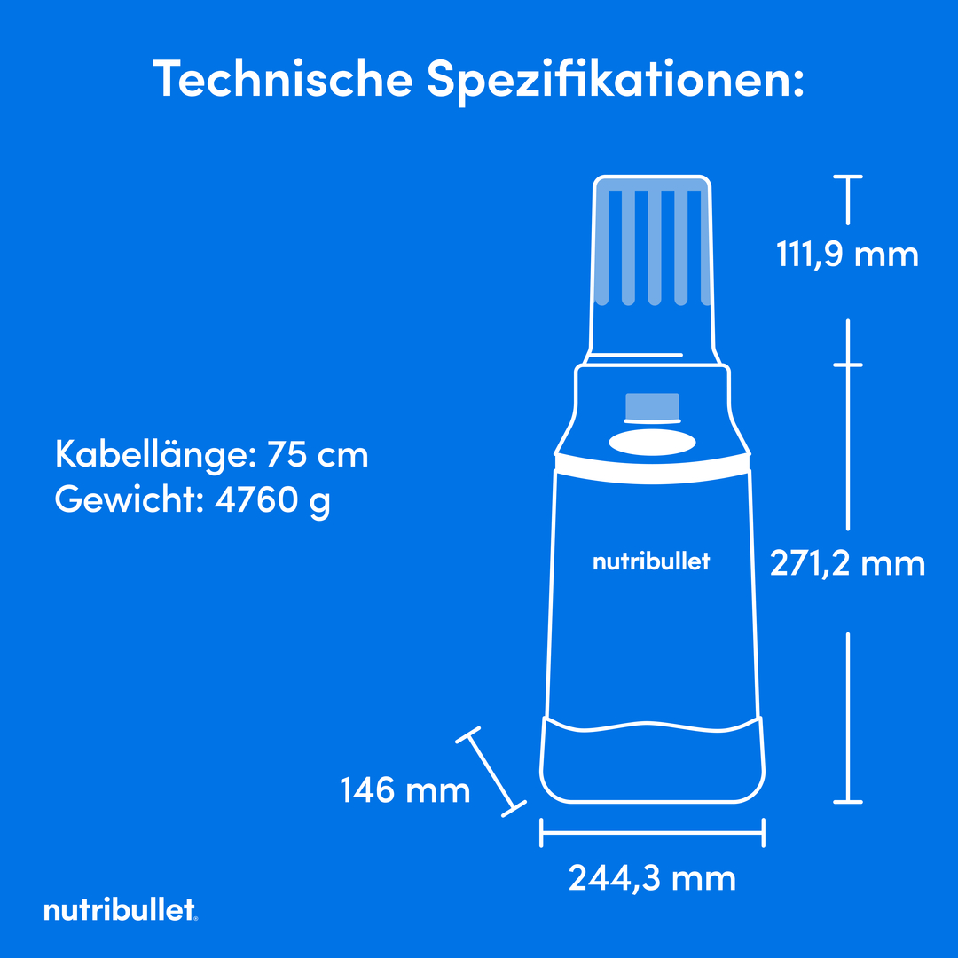 Technische Daten eines Nutribullet: 75cm Kabel, 4760g Gewicht. Maße: 111,9mm, 271,2mm, 146mm, 244,3mm.