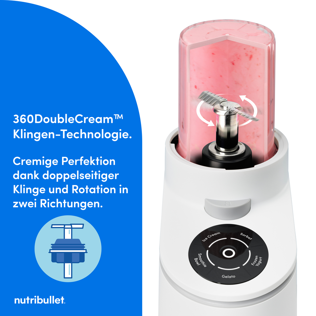 Ein weißer Nutribullet Mixer mit einem transparenten Becher, gefüllt mit rosa Smoothie.