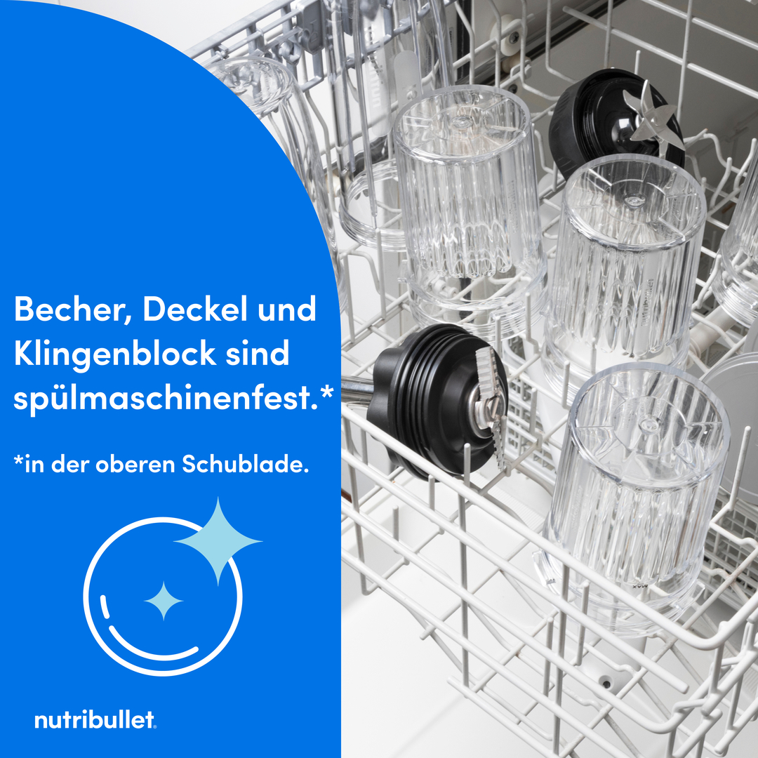 Nutribullet-Becher, Deckel und Klingenblock in einem Geschirrspüler.