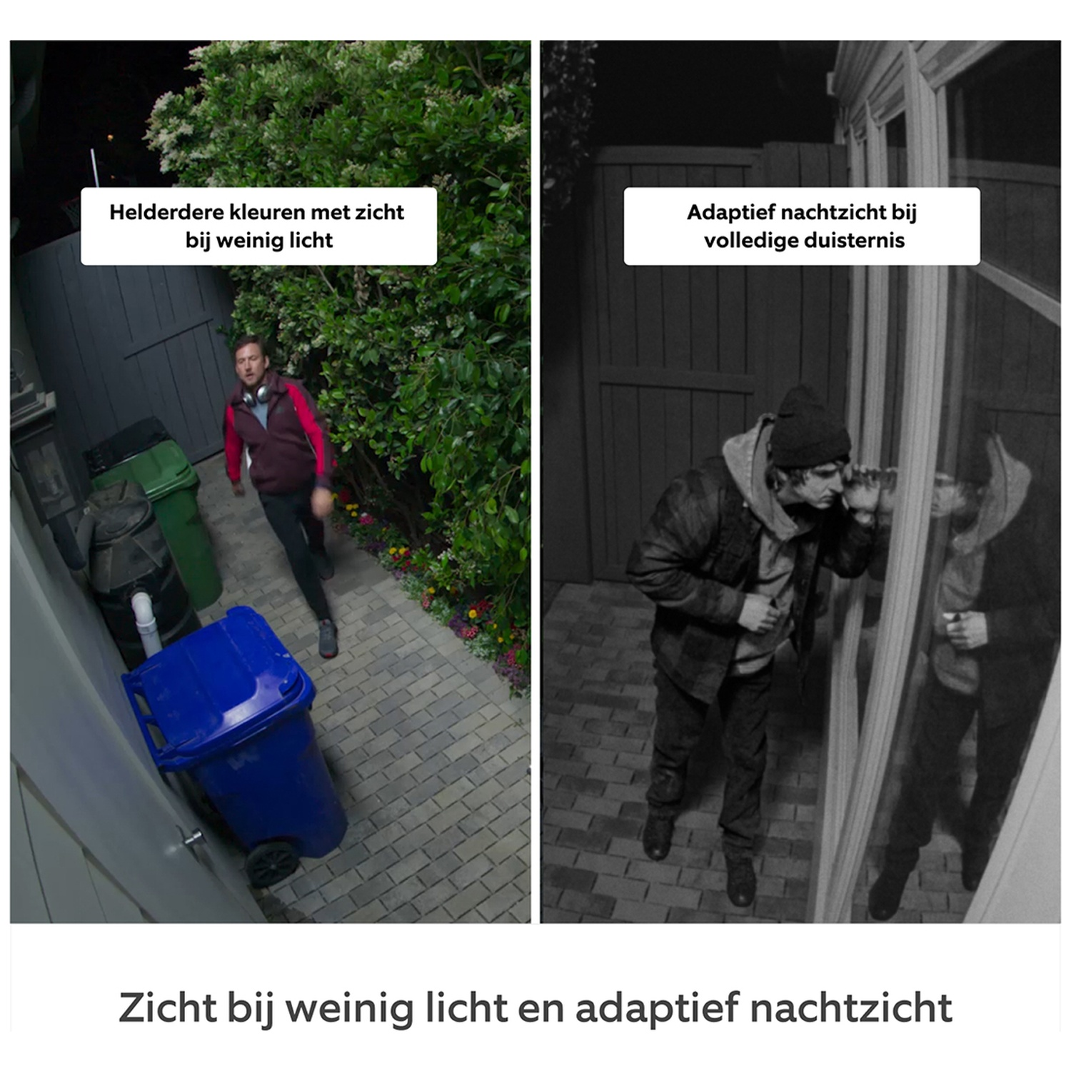 Man met vuilnisbakken 's nachts, vergeleken met duisternis.