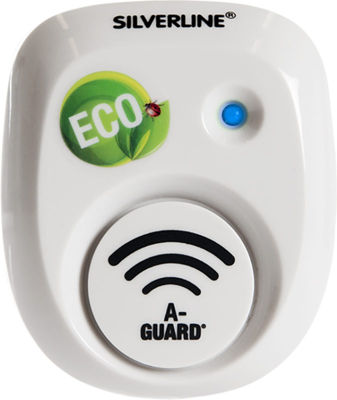 Fehér kártevőriasztó "ECO" logóval és kék LED fénnyel.