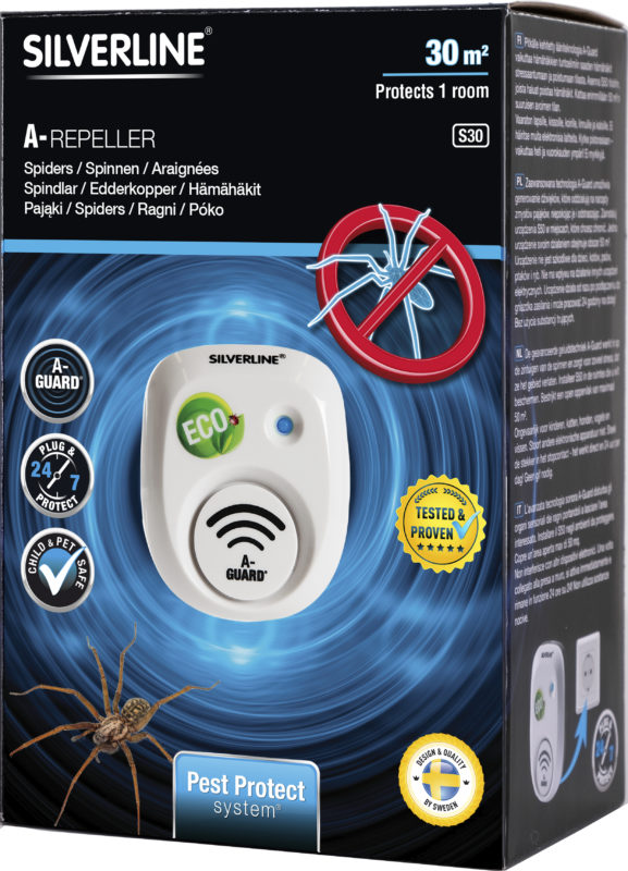 Silverline A-Repeller pókriasztó, "Eco" és "Tesztelt és Bizonyított" címkékkel.