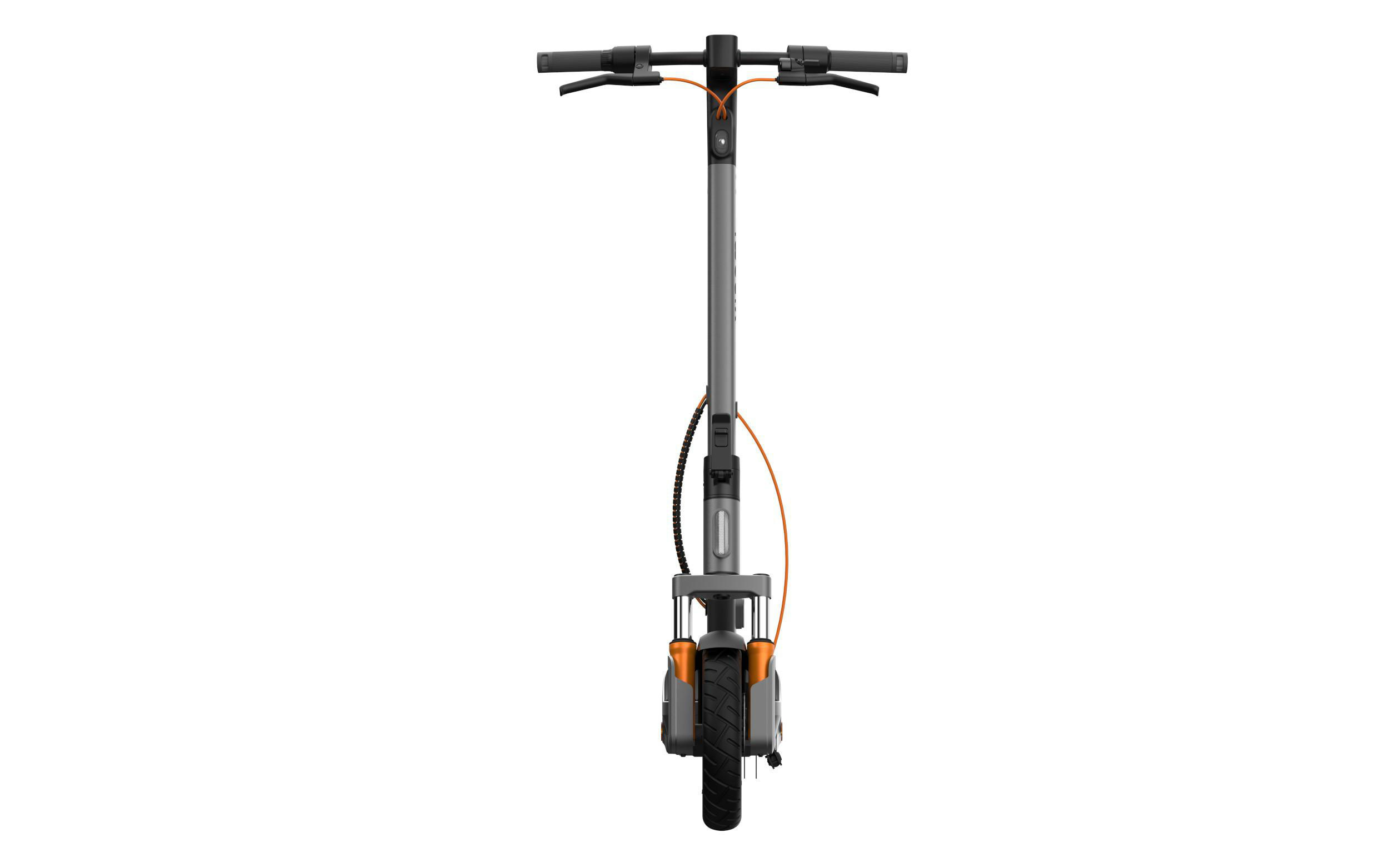 Grauer Elektroroller mit orangefarbenen Akzenten, Vorderansicht, weißer Hintergrund.