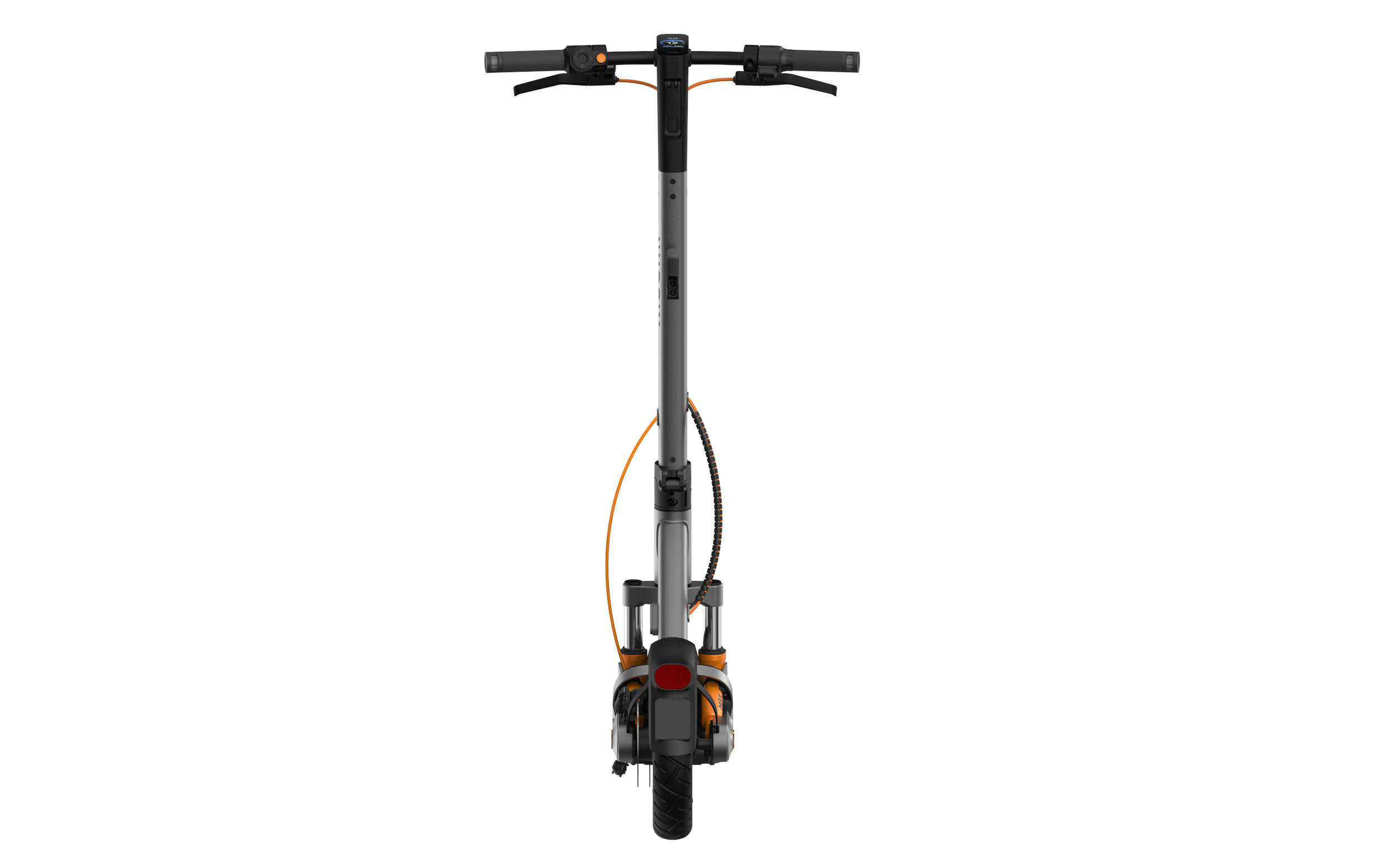 Grauer Elektroroller mit orangefarbenen Akzenten, Vorderansicht.