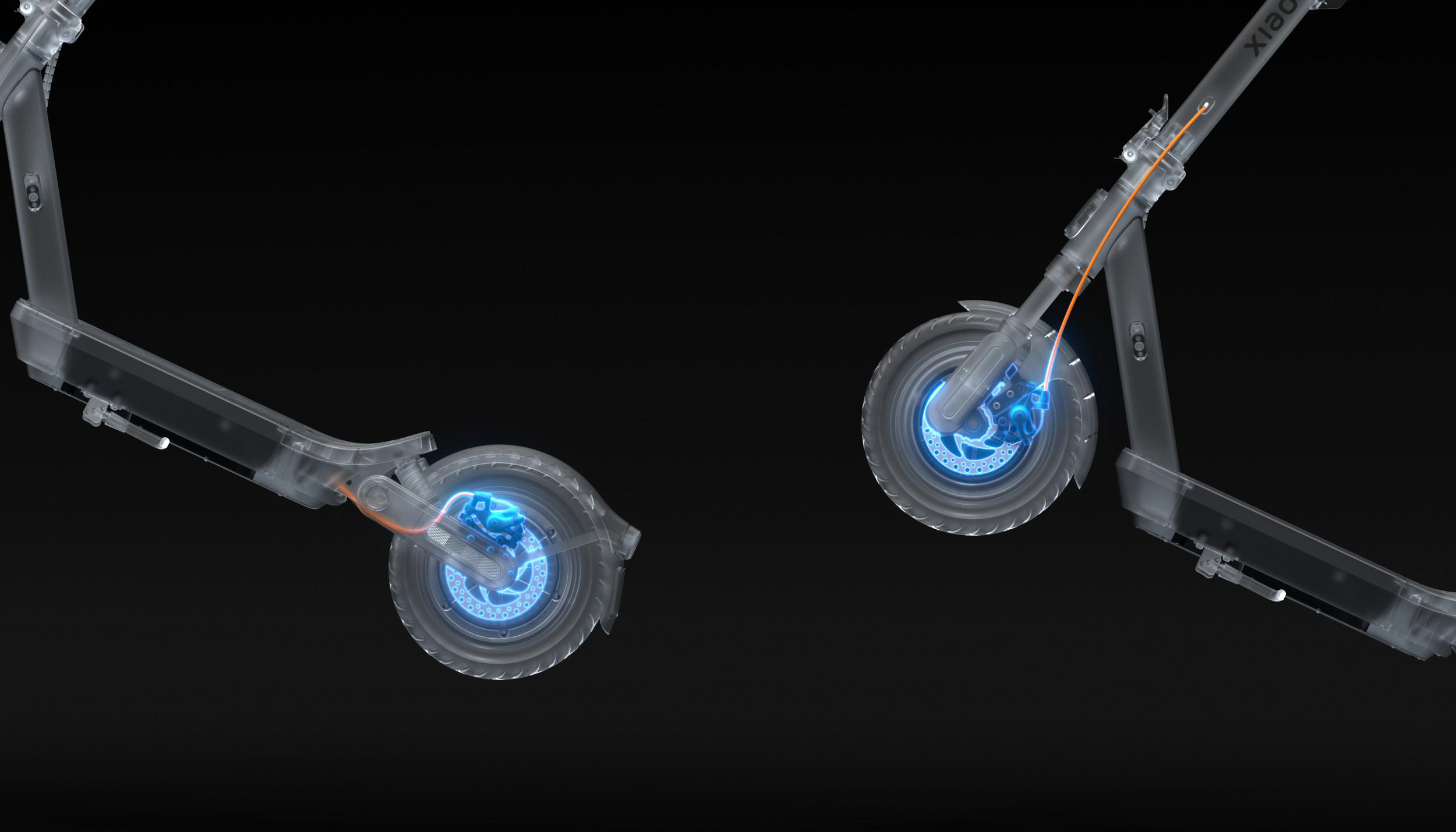 Explodierte Ansicht eines E-Scooters mit leuchtenden blauen Bremsen und orangefarbenen Kabeln.