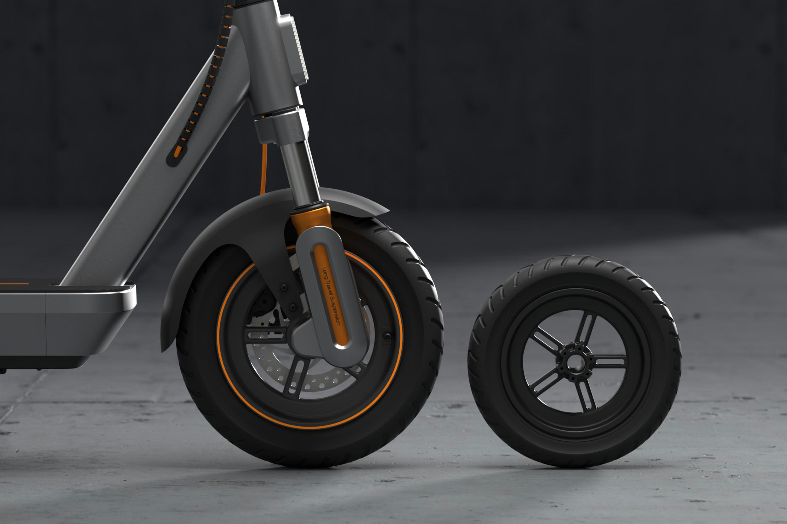 Grauer Elektroroller-Rahmen mit orangefarbenen Akzenten und einem Rad daneben.
