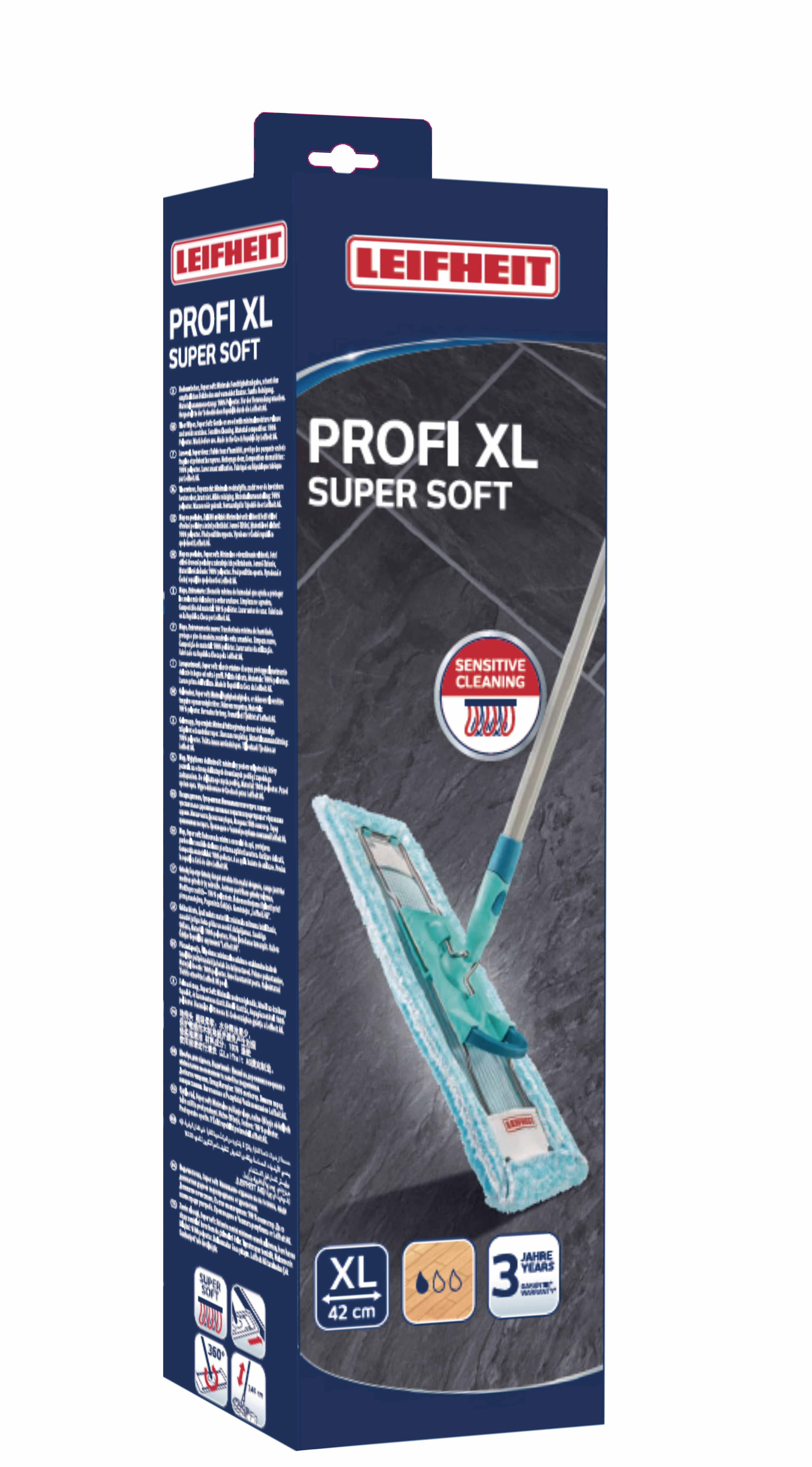 Leifheit Profi XL Super Soft Mop-Verpackung mit einem blauen Wischbezug und Stiel.