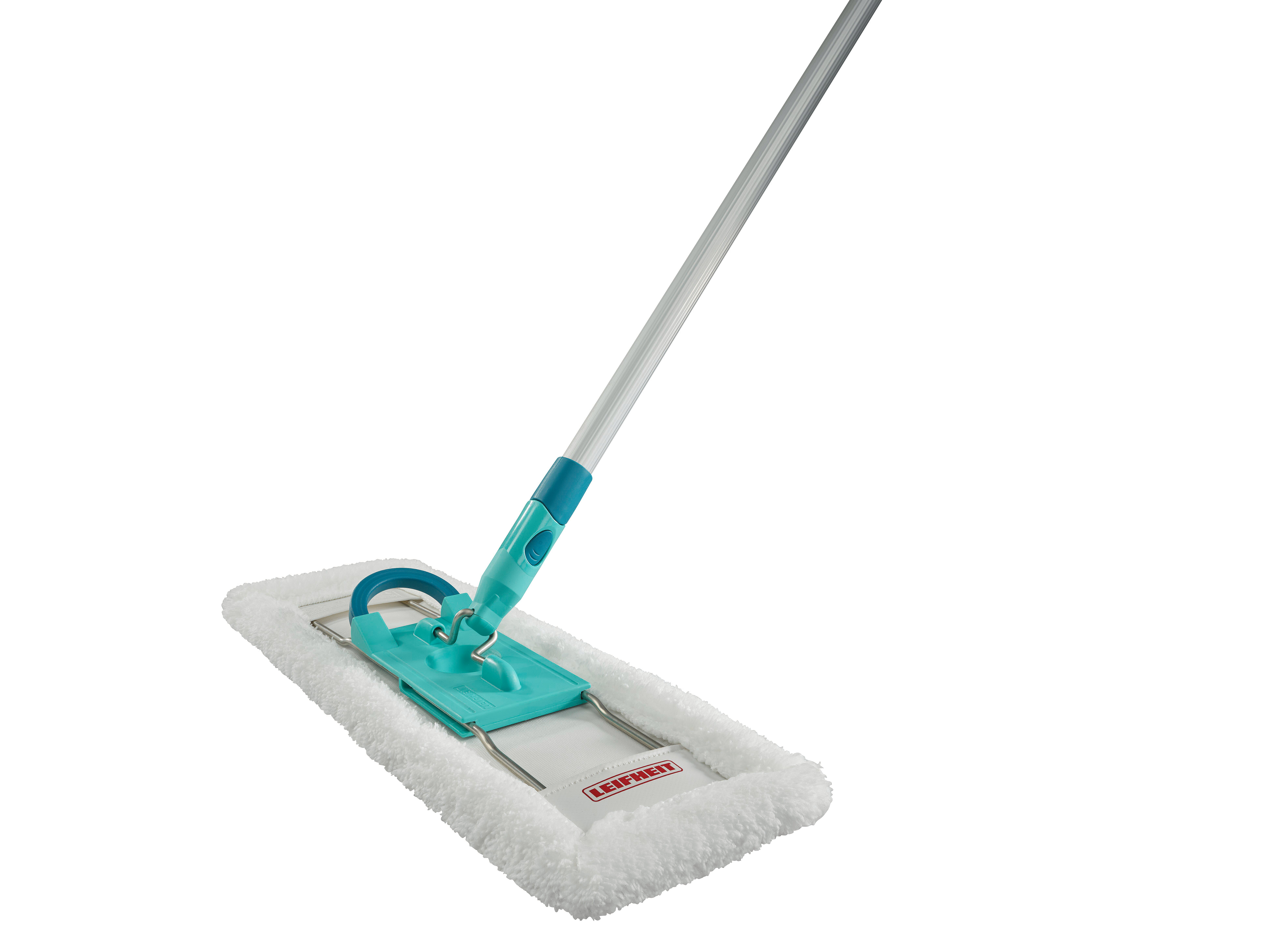 Ein weißer Wischmopp mit blauem Griff und silbernem Stiel.