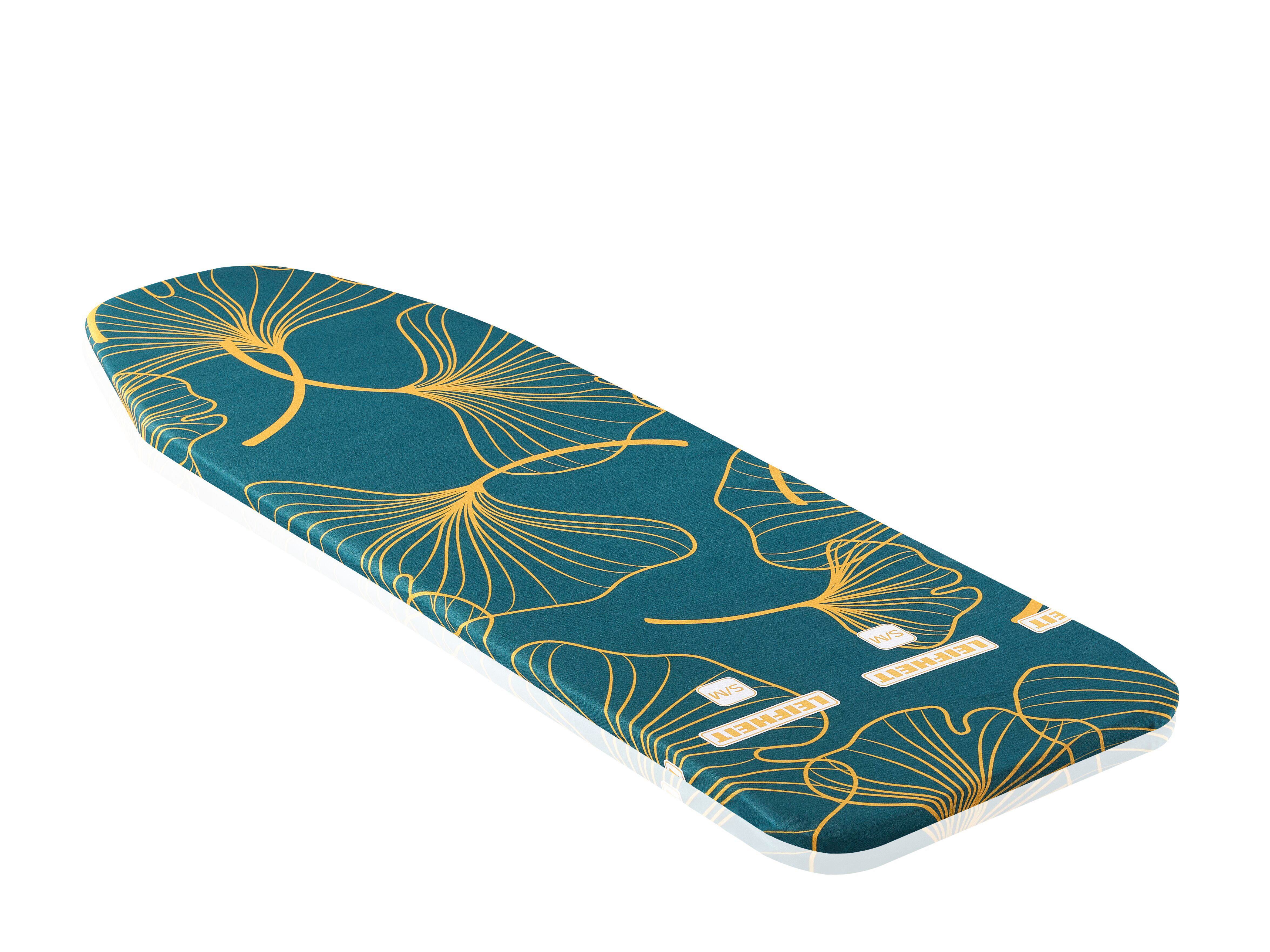 Dunkelblaues Bügelbrett mit gelbem Ginkgo-Muster und Schriftzug.