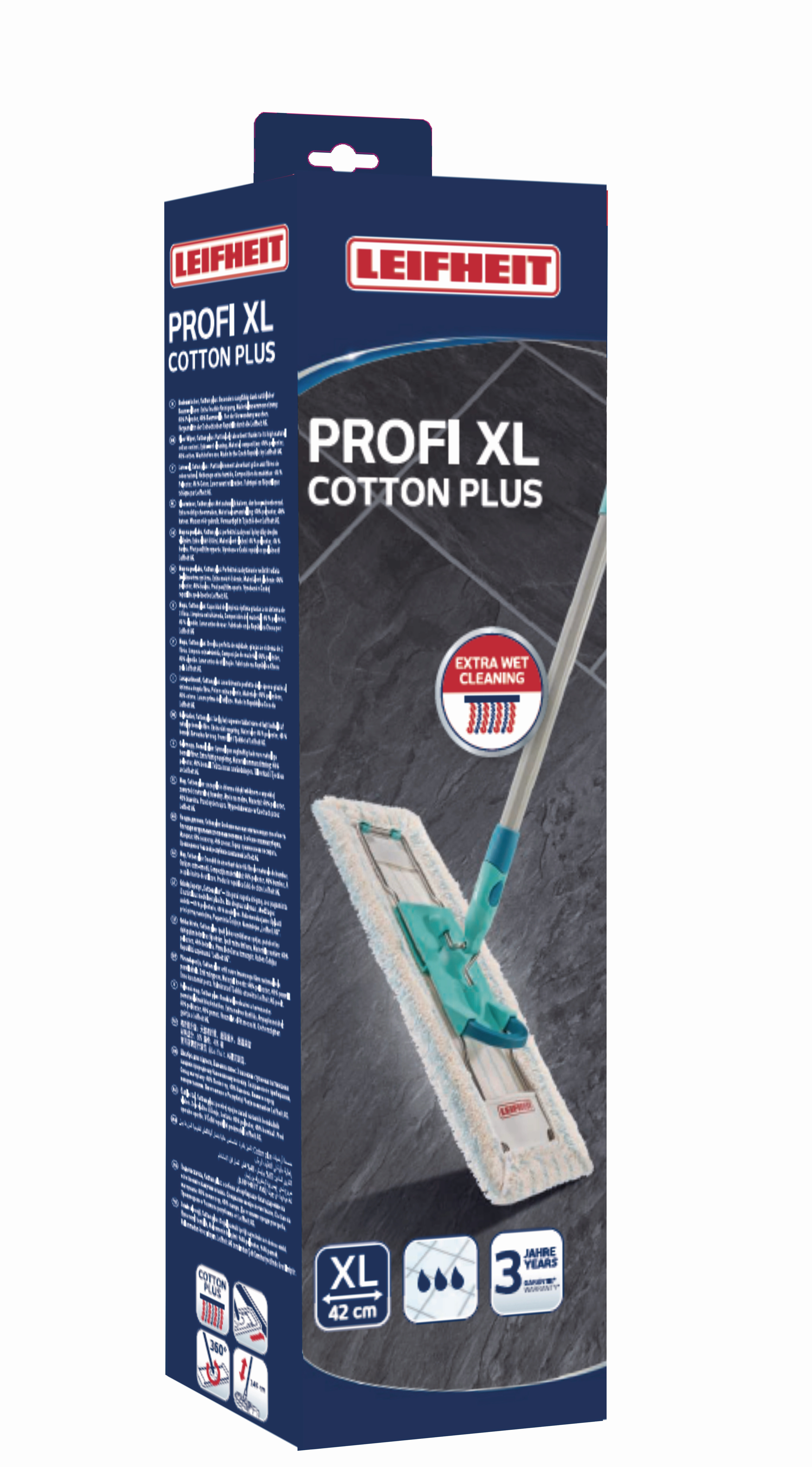 Leifheit Profi XL Cotton Plus Mop mit Stiel, extra Nassreinigung, 42 cm Breite.