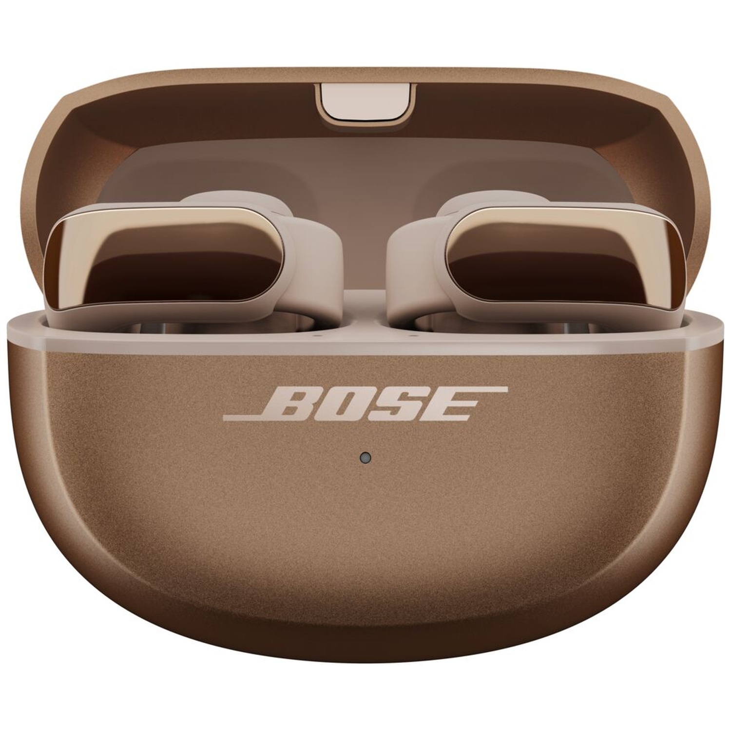 A gold-brown Bose case with an open lid, showing two earbuds inside.