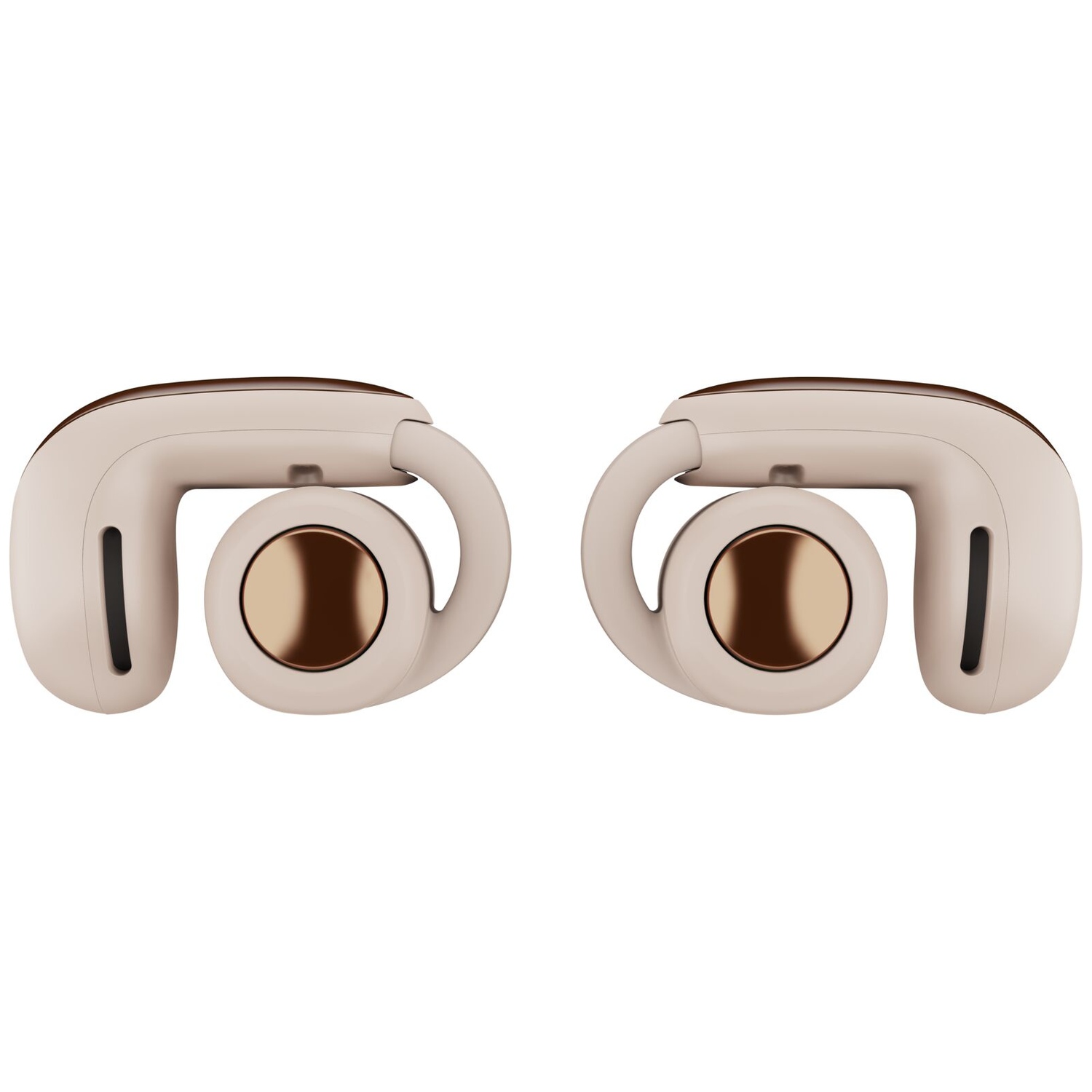 Two beige earbuds with gold accents, side by side on a white background.