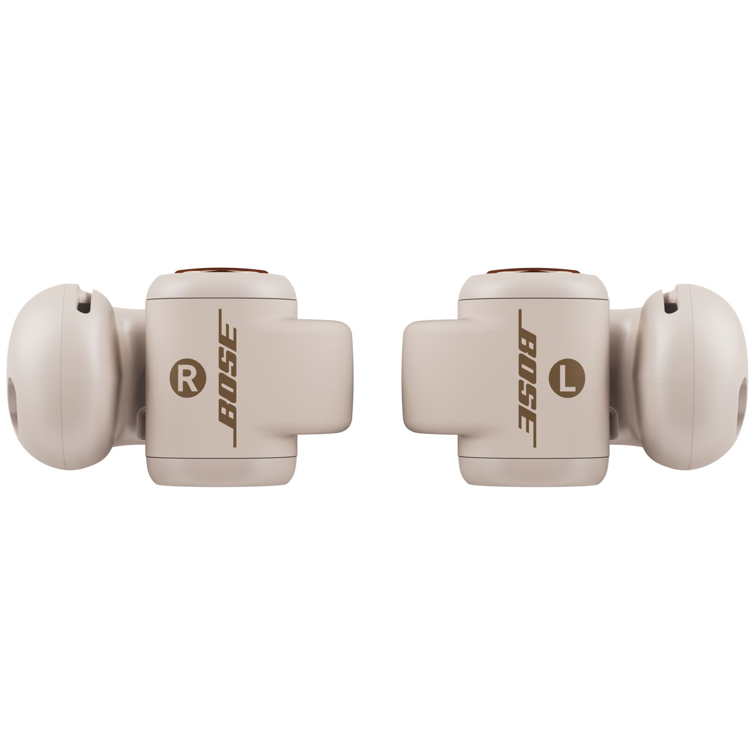Two beige Bose earbuds, labeled left and right, with brown accents.