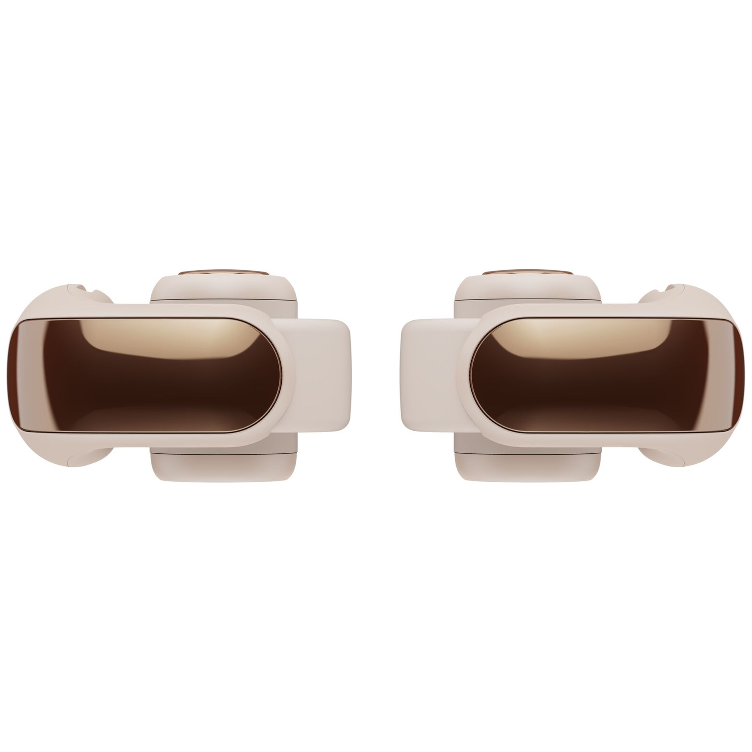 Two white VR controllers with brown mirrored lenses, on a white background.