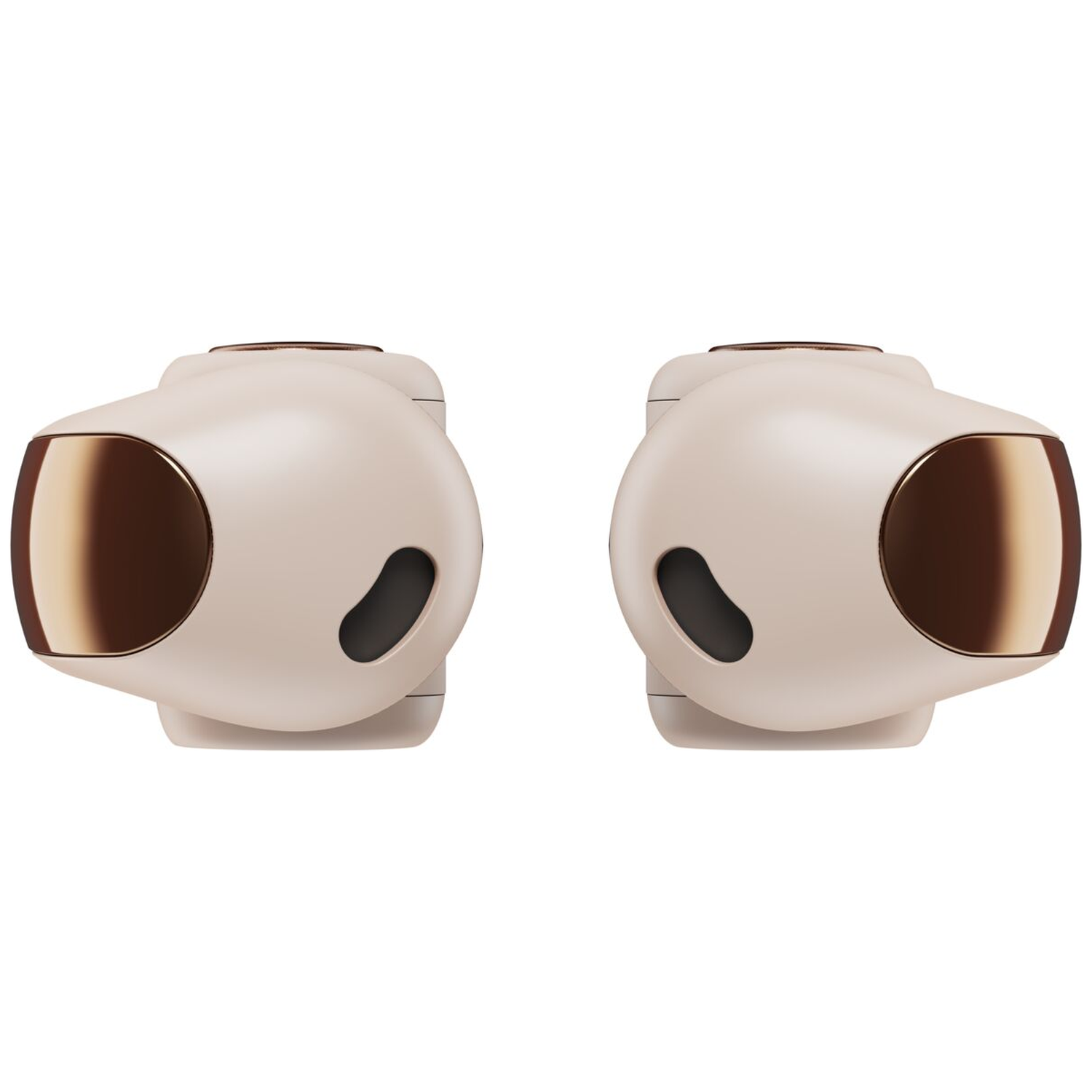 Two beige earbuds with gold accents and black vents are shown.