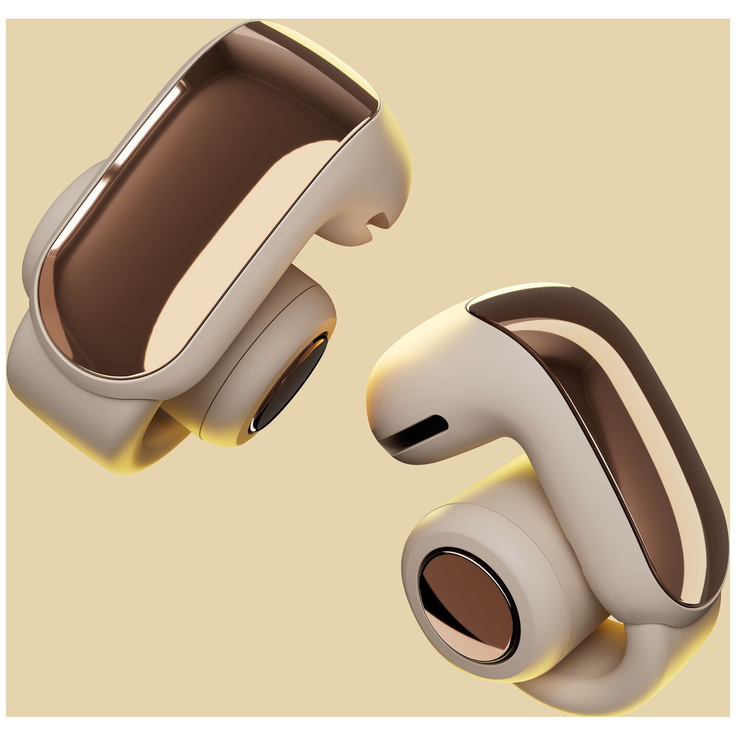 Two beige earbuds with copper accents on a yellow background.