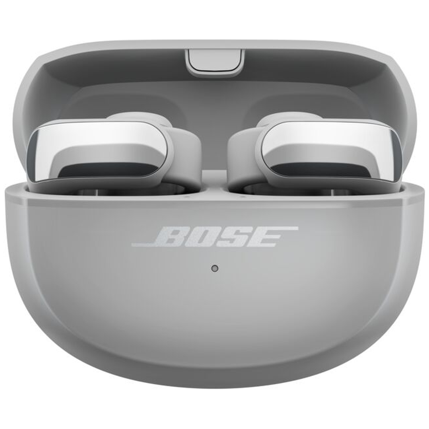 Gray Bose earbuds in an open charging case with silver accents.